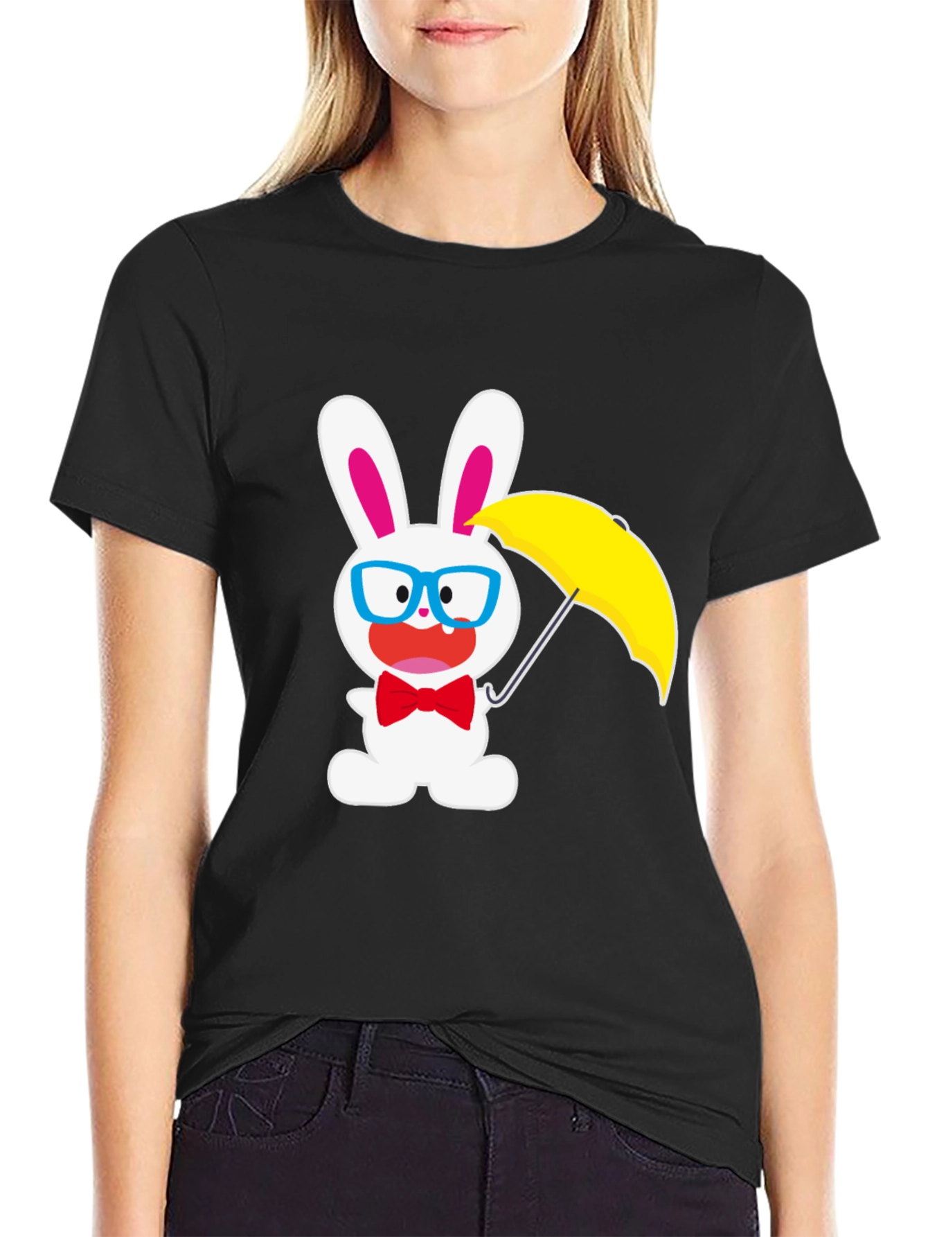 Funny Bunny T-Shirt: White Rabbit with Glasses & Umbrella