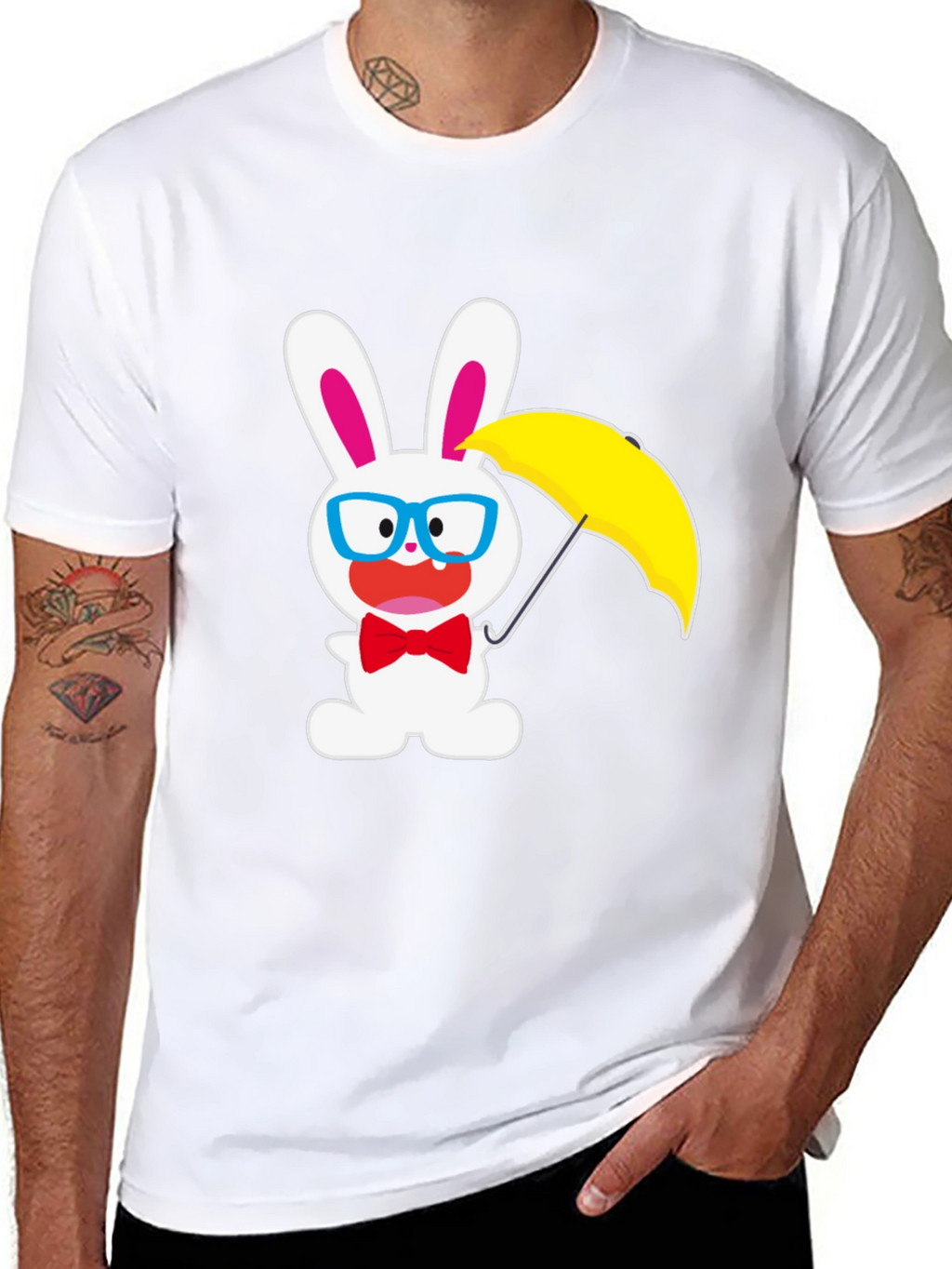 Funny Bunny T-Shirt: White Rabbit with Glasses & Umbrella