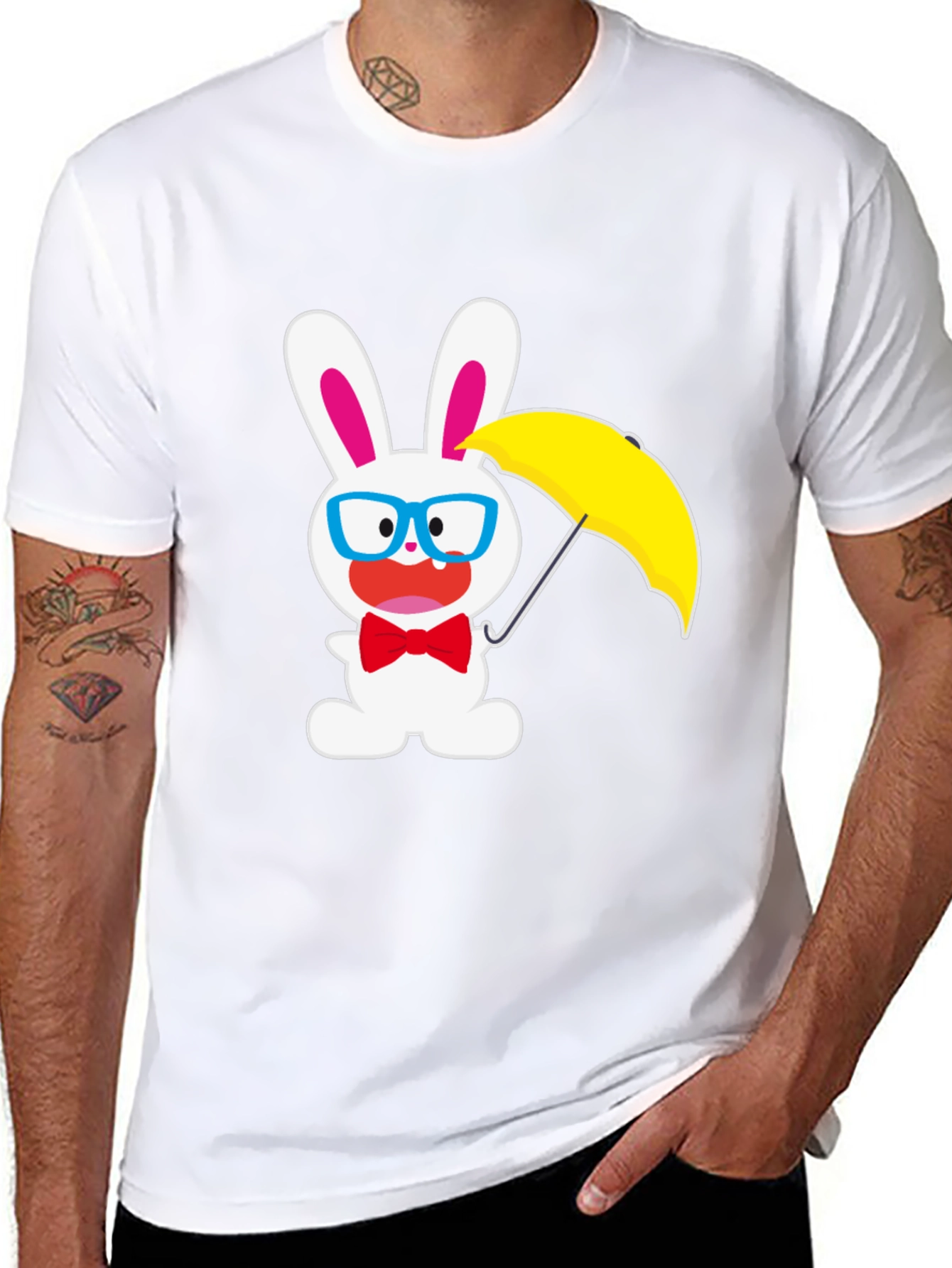 Funny Bunny T-Shirt: White Rabbit with Glasses & Umbrella