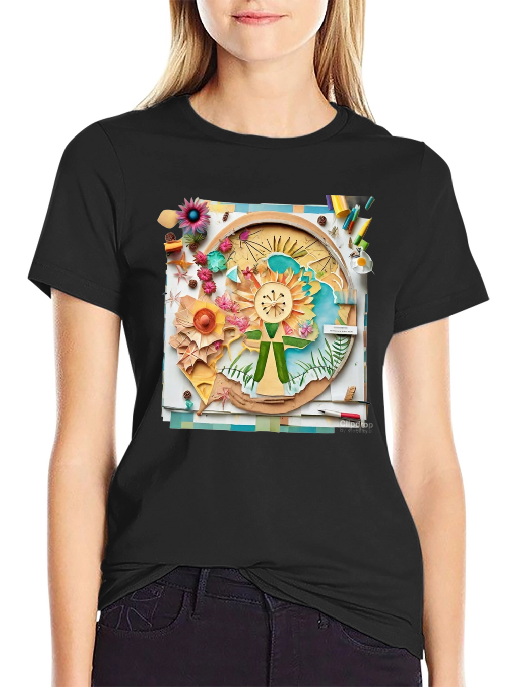 Floral Collage Print Black Tee