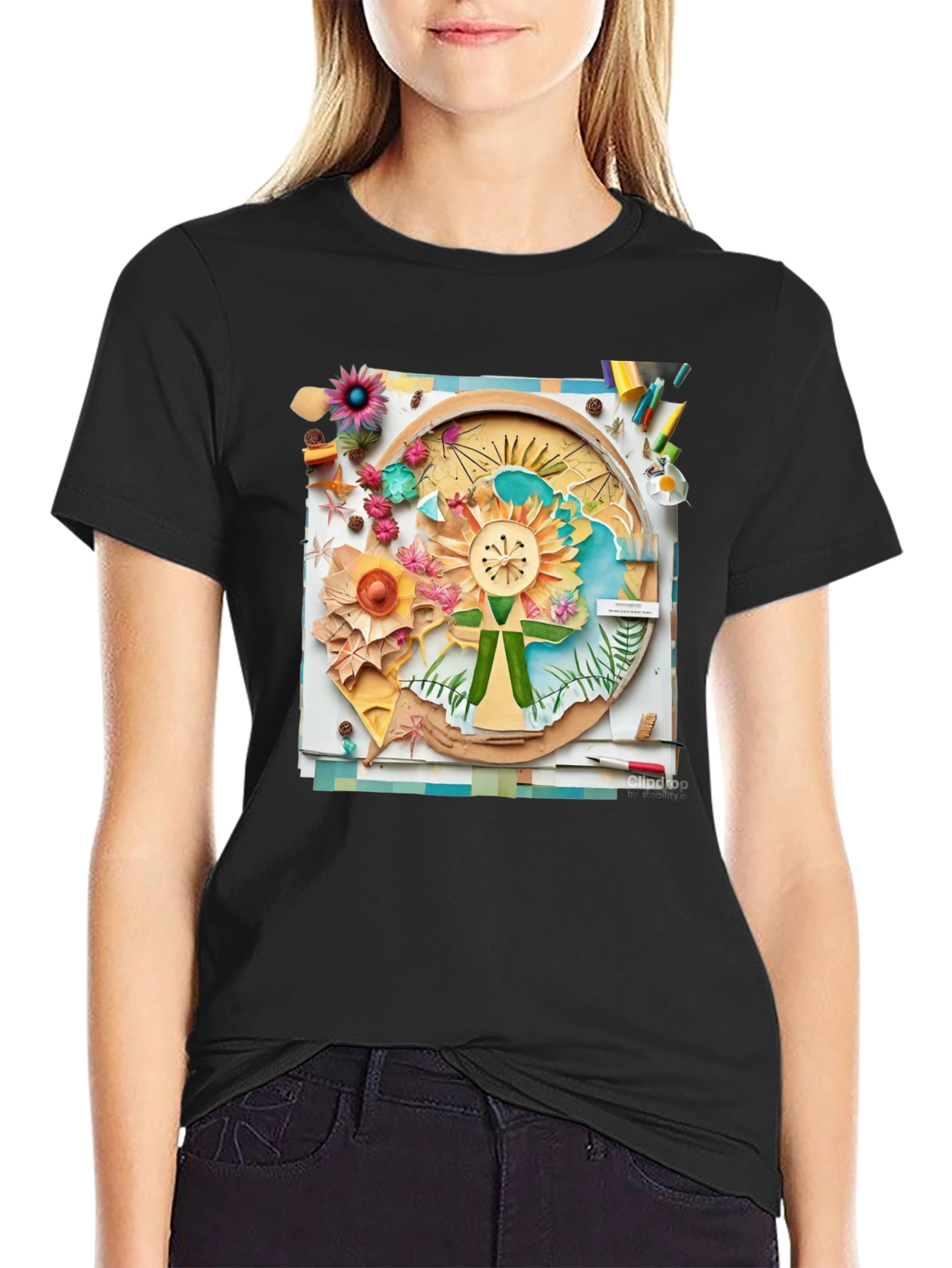 Floral Collage Print Black Tee