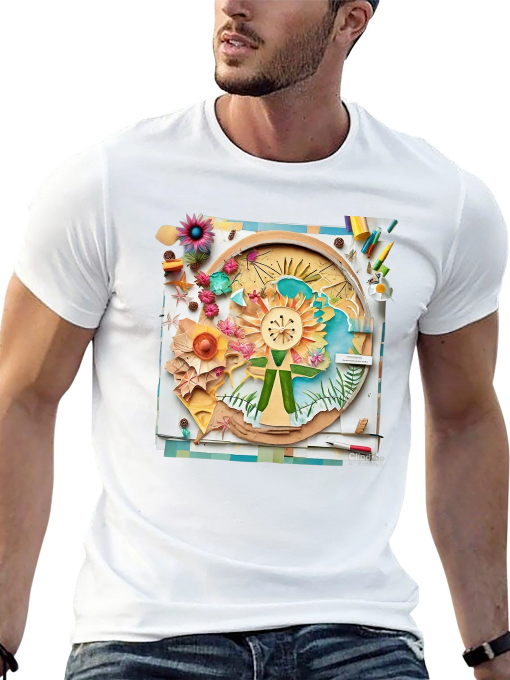 Floral Collage Print Black Tee