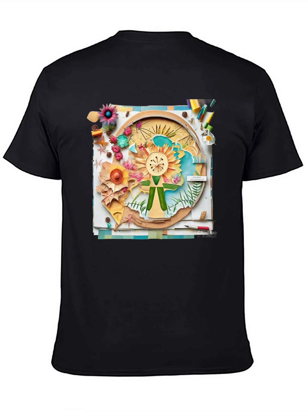 Floral Collage Print Black Tee