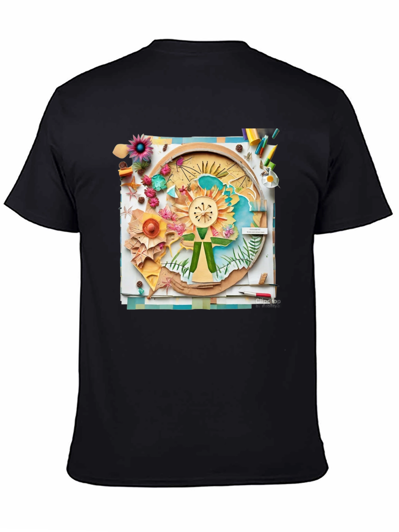 Floral Collage Print Black Tee