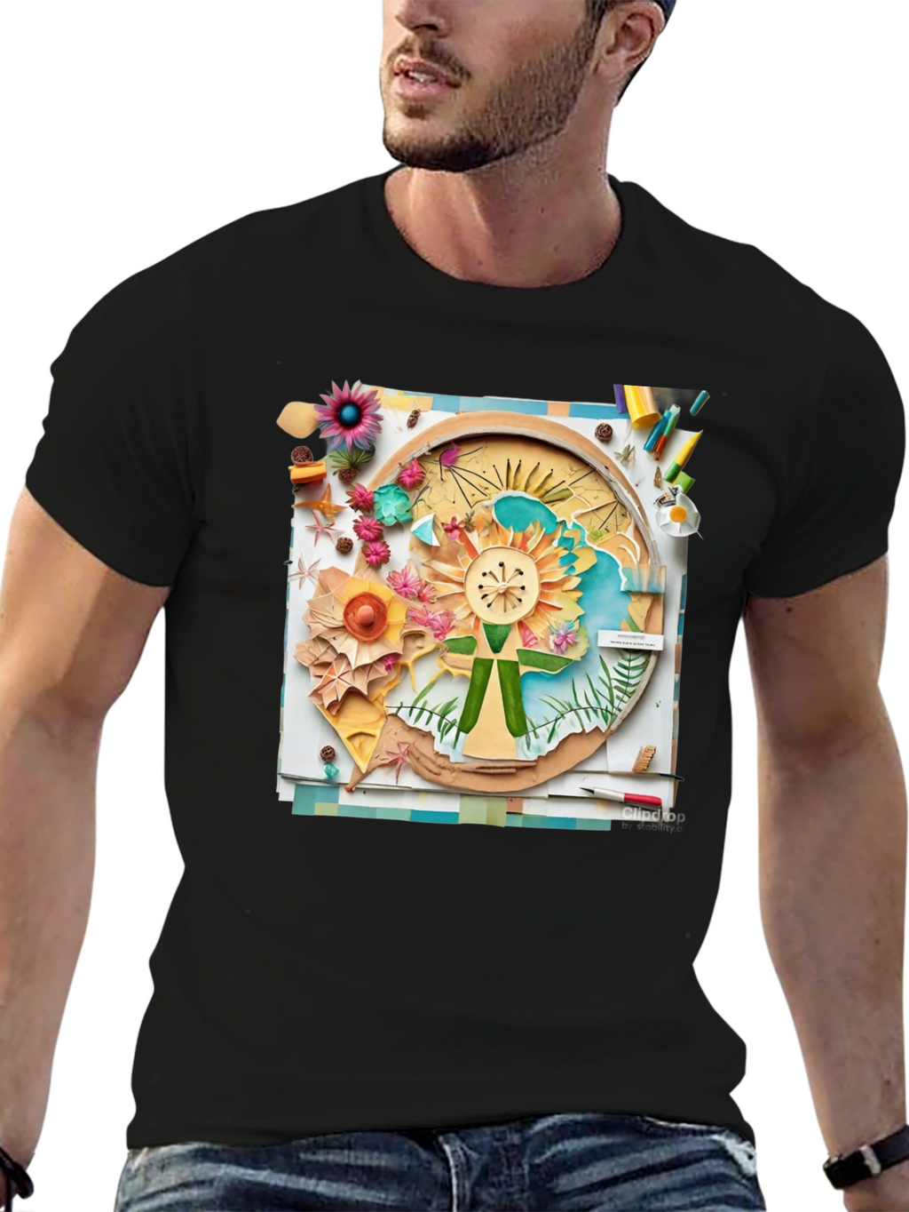 Floral Collage Print Black Tee