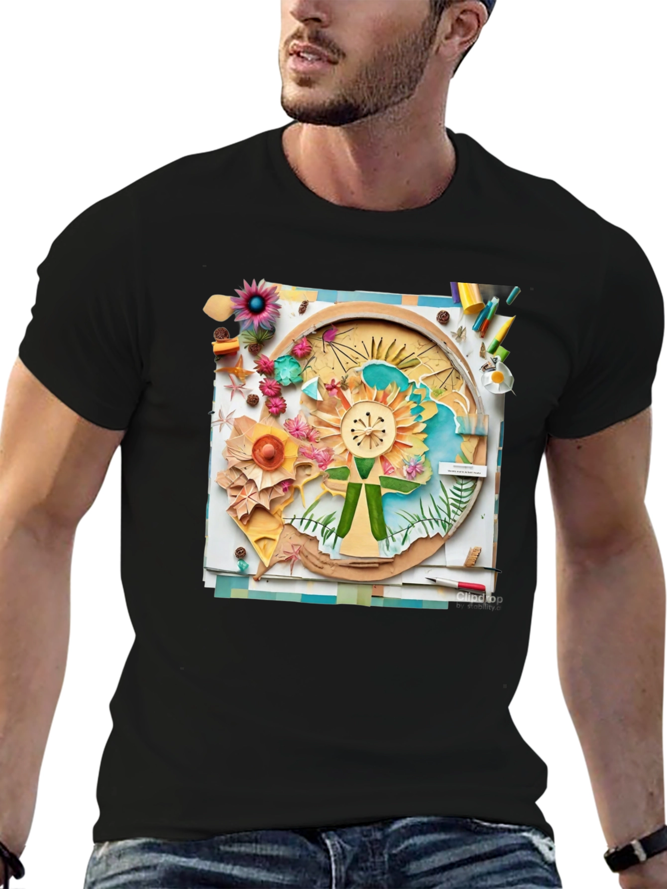 Floral Collage Print Black Tee