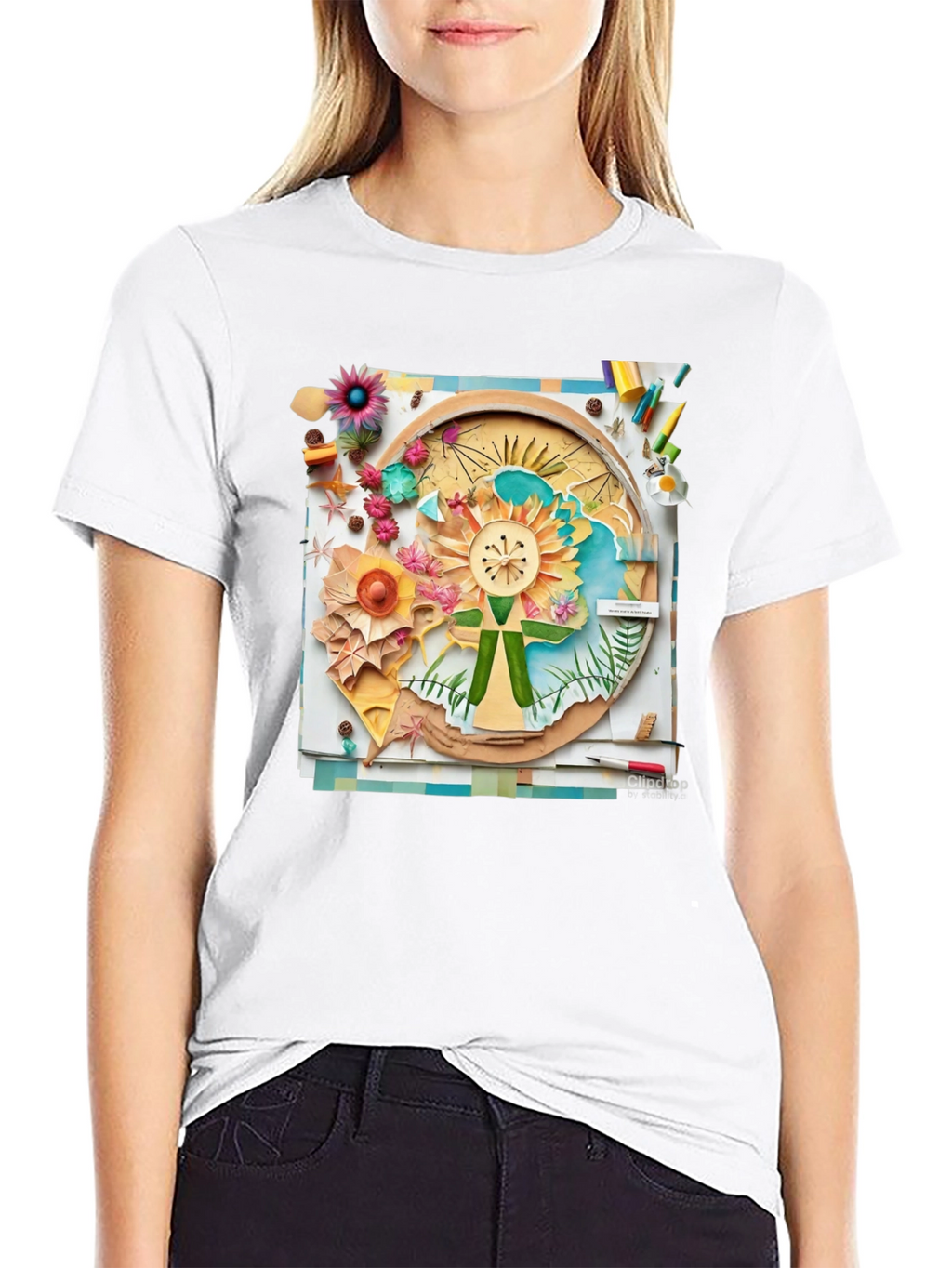 Floral Collage Print Black Tee