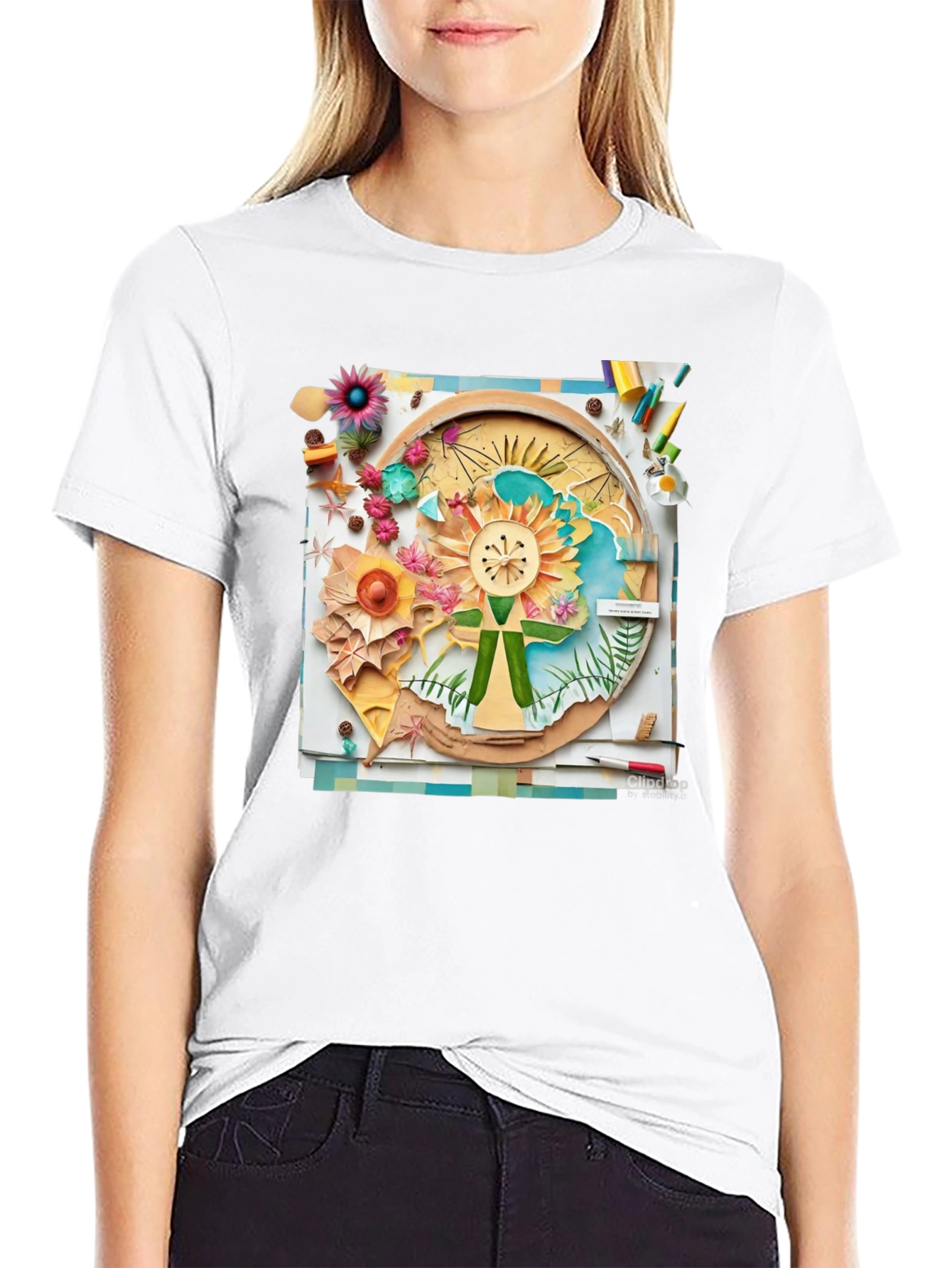 Floral Collage Print Black Tee