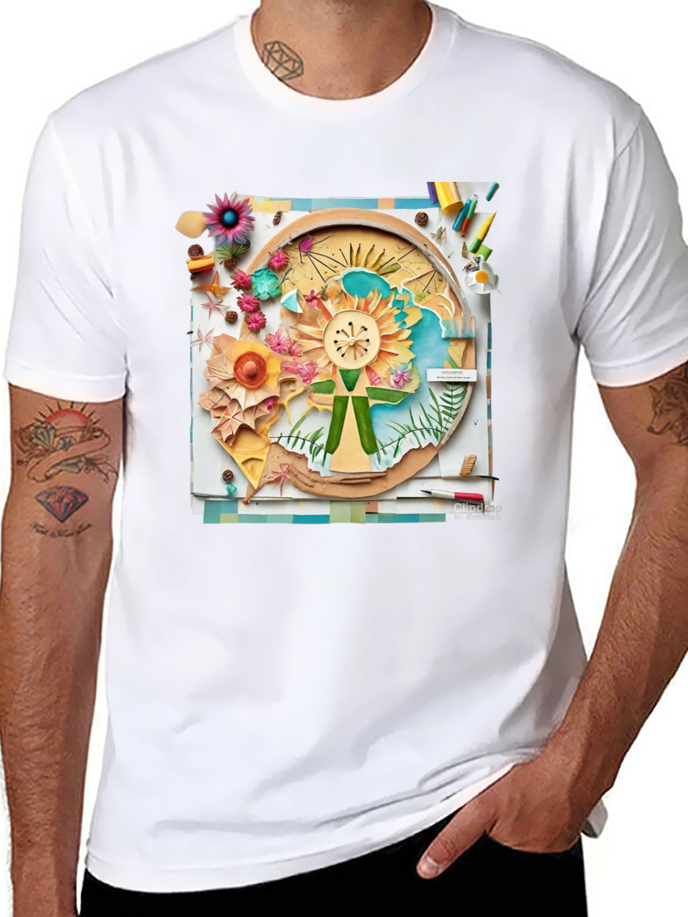 Floral Collage Print Black Tee