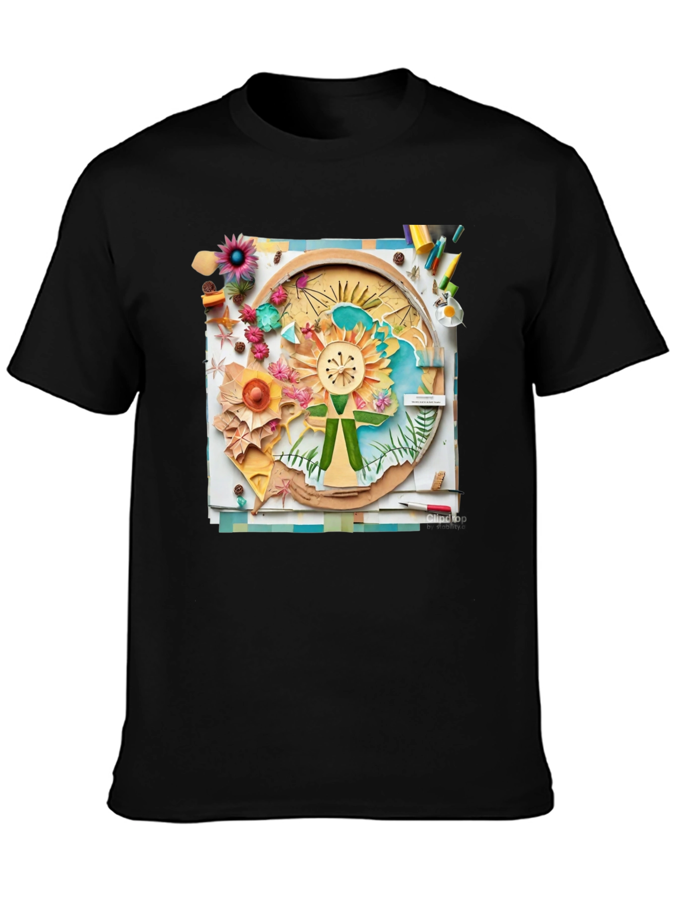 Floral Collage Print Black Tee