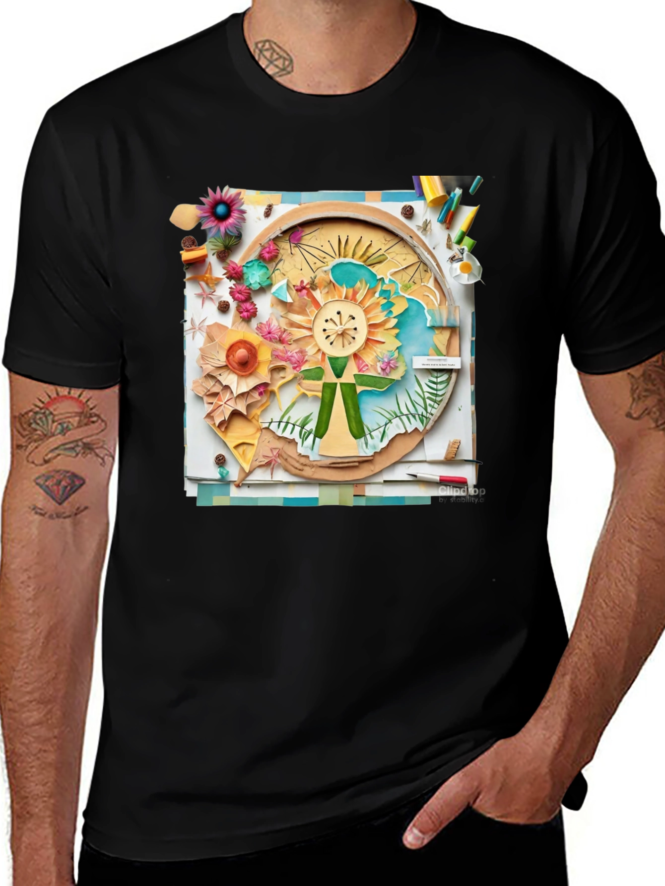 Floral Collage Print Black Tee