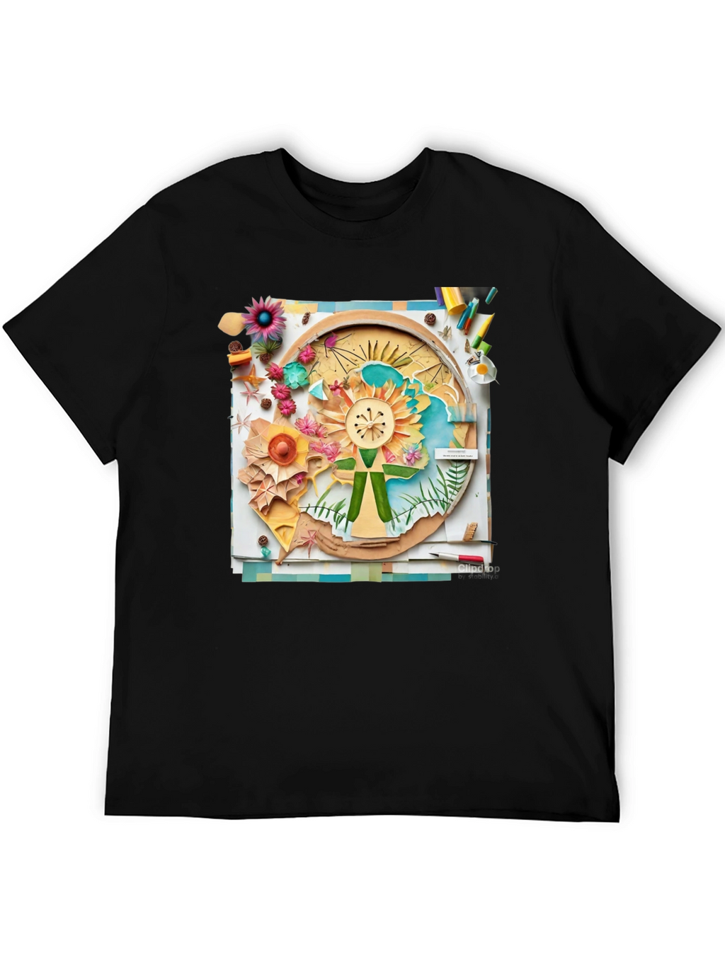 Floral Collage Print Black Tee