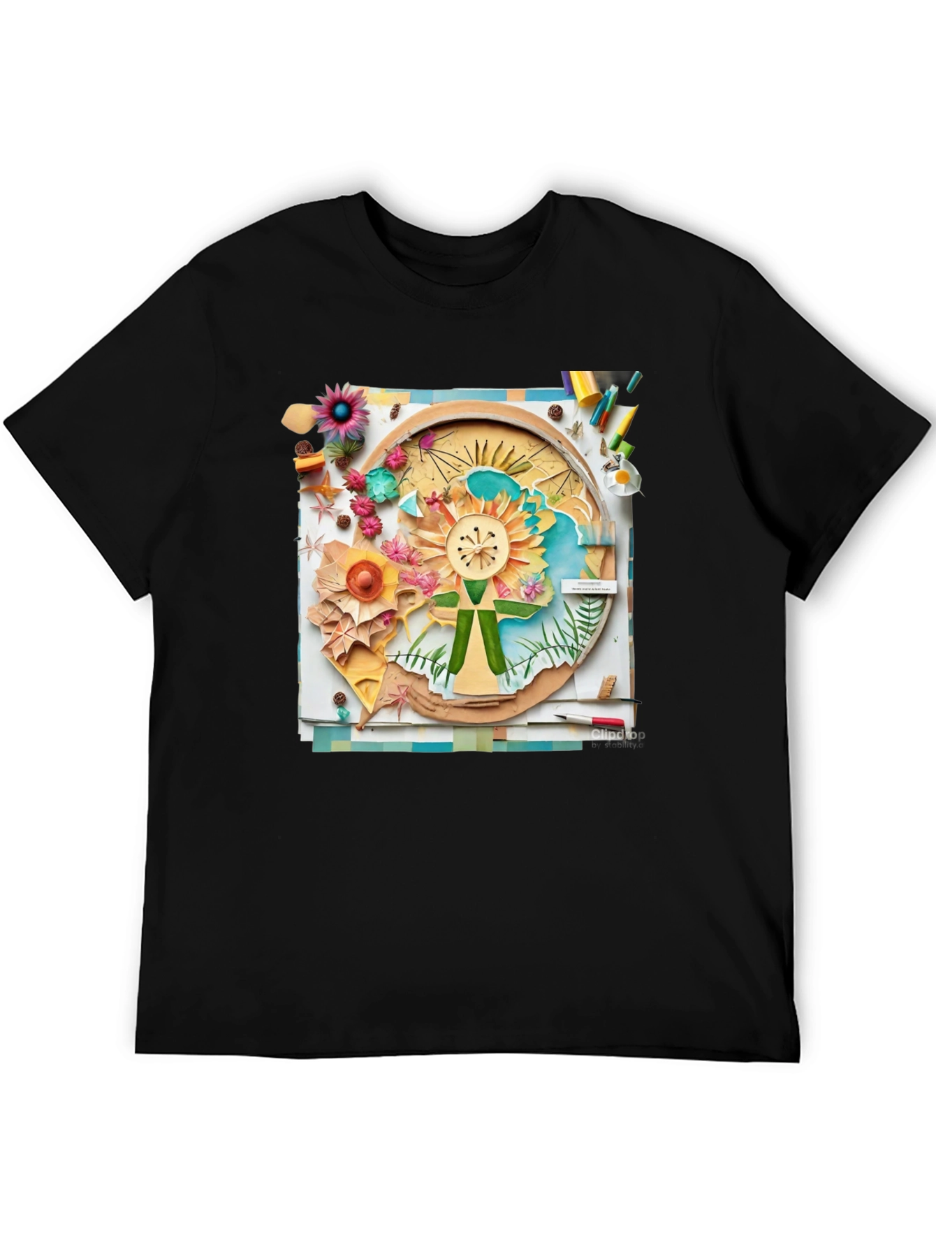 Floral Collage Print Black Tee