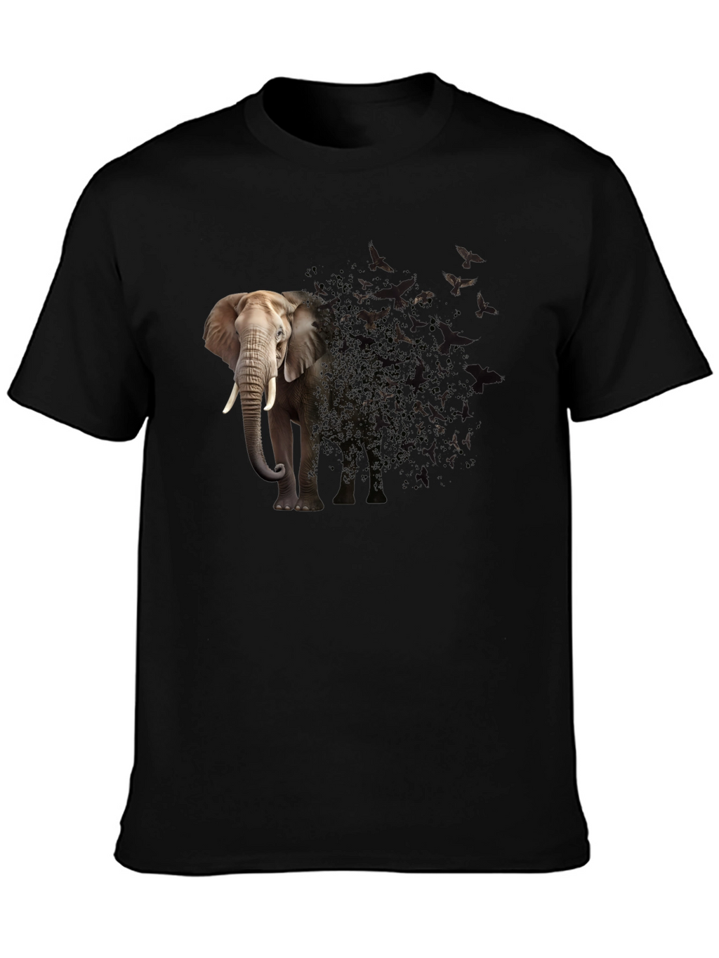 Elephant to Birds Graphic Print Black T-Shirt