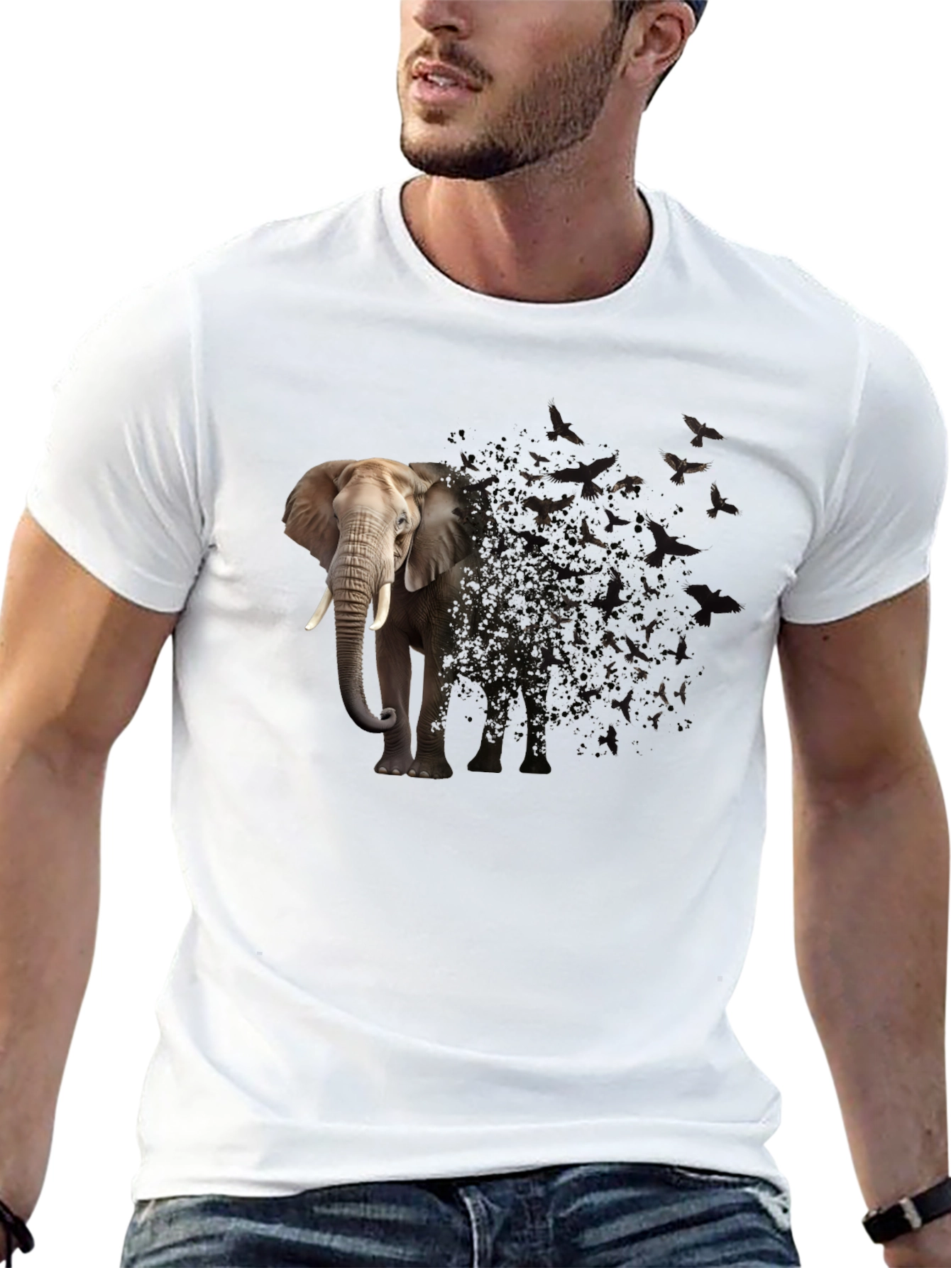 Elephant to Birds Graphic Print Black T-Shirt
