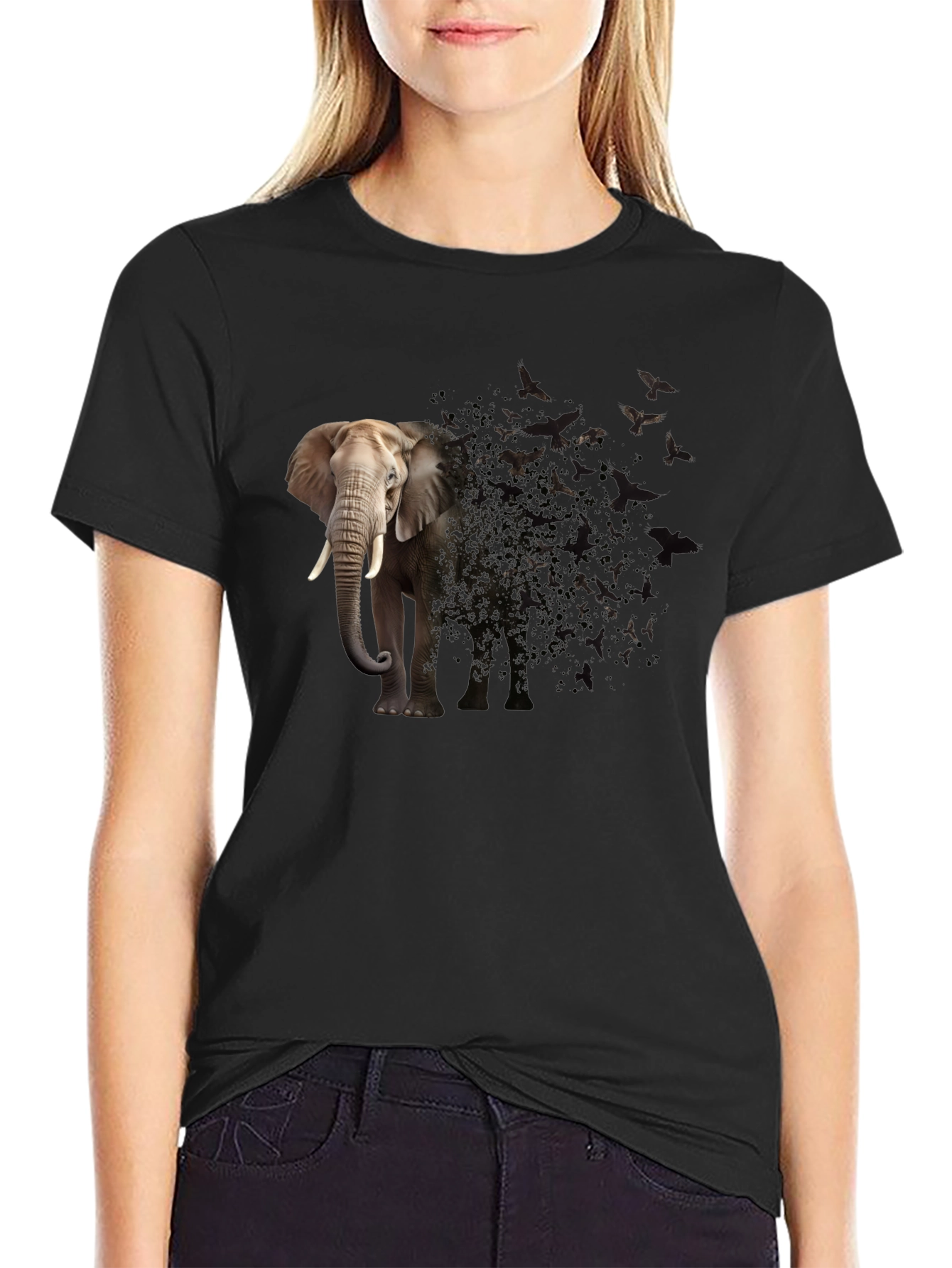 Elephant to Birds Graphic Print Black T-Shirt