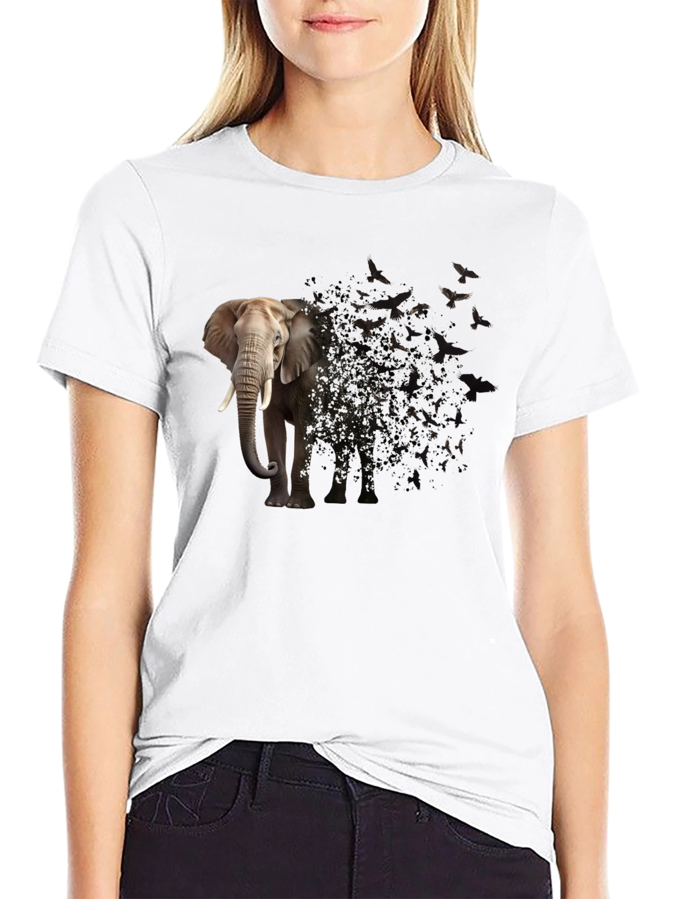 Elephant to Birds Graphic Print Black T-Shirt