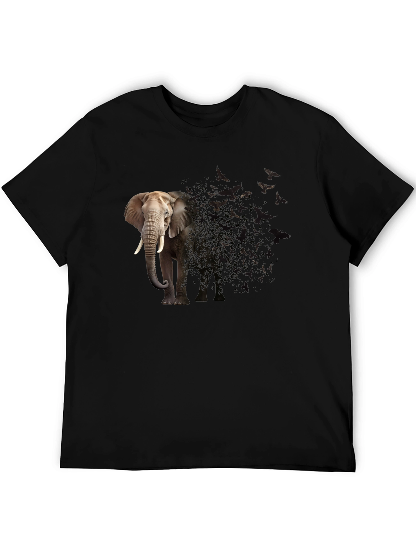 Elephant to Birds Graphic Print Black T-Shirt