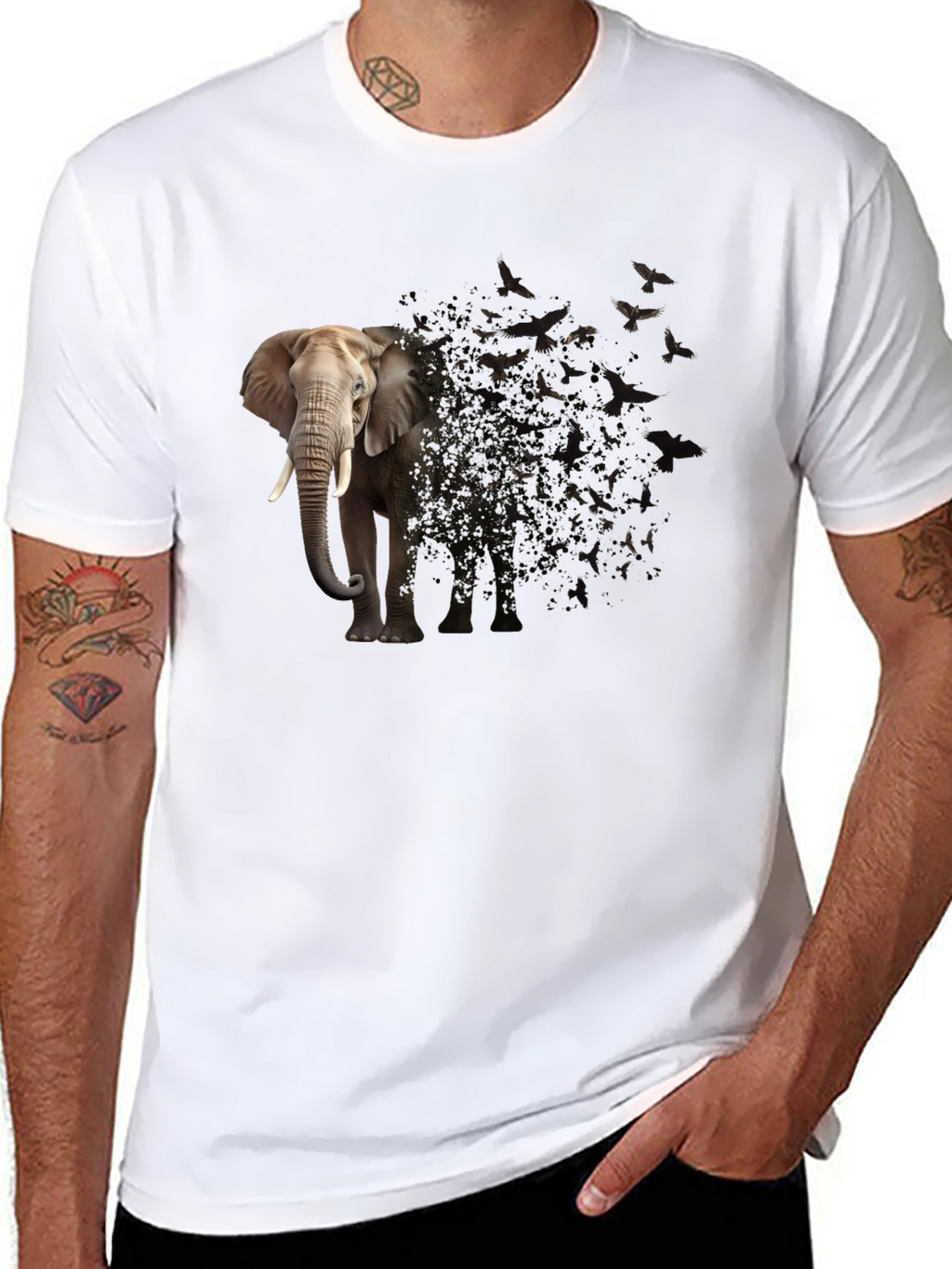 Elephant to Birds Graphic Print Black T-Shirt