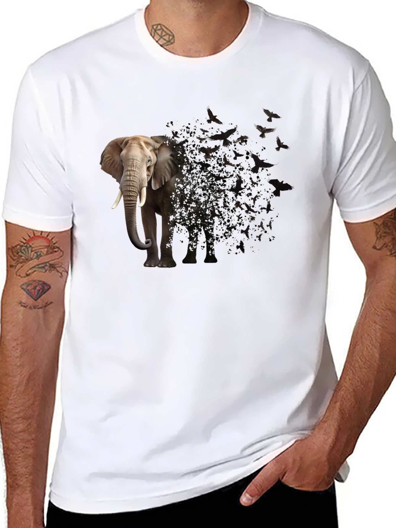 Elephant to Birds Graphic Print Black T-Shirt