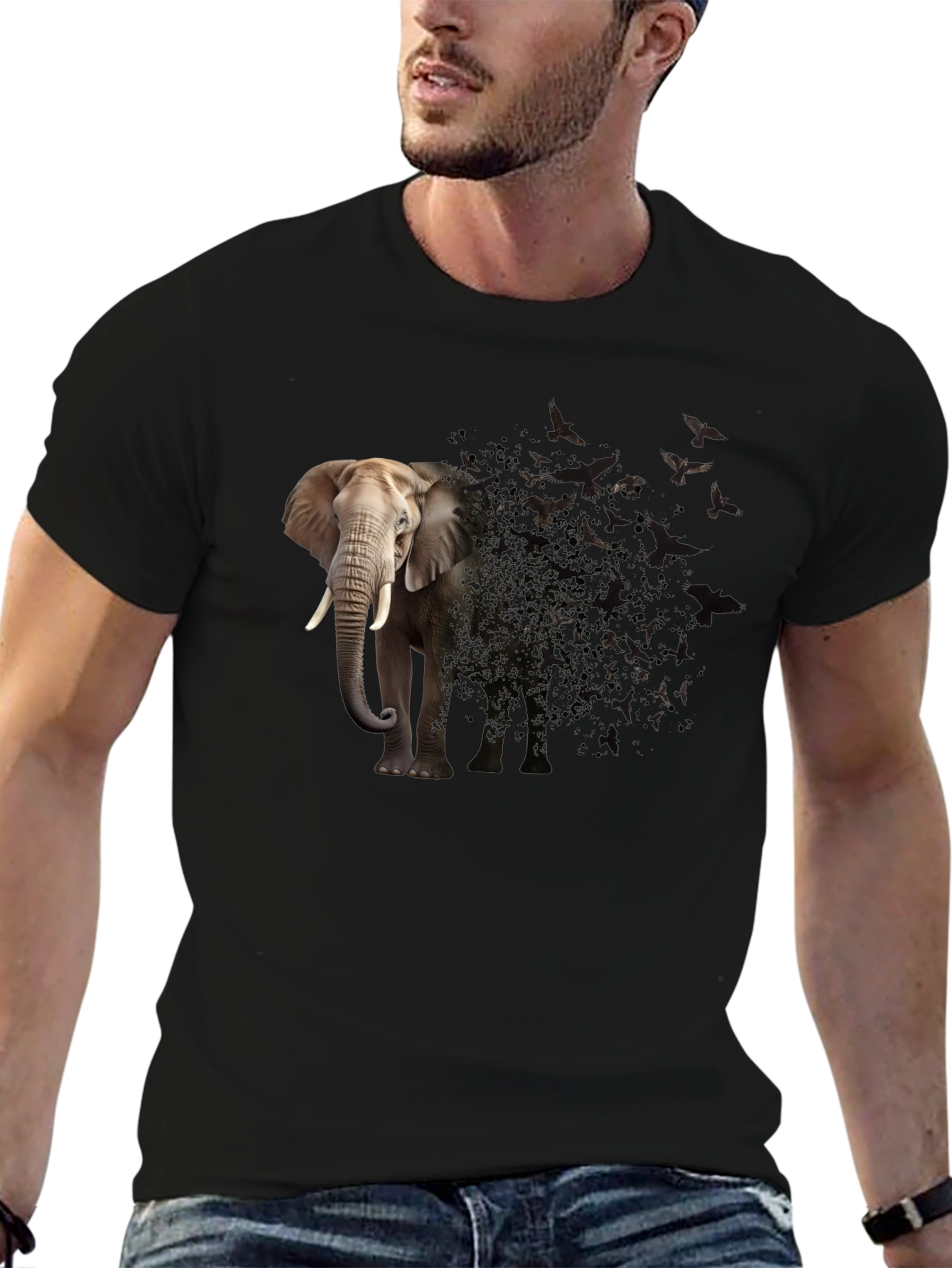 Elephant to Birds Graphic Print Black T-Shirt