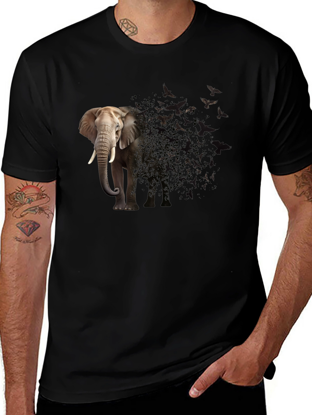 Elephant to Birds Graphic Print Black T-Shirt