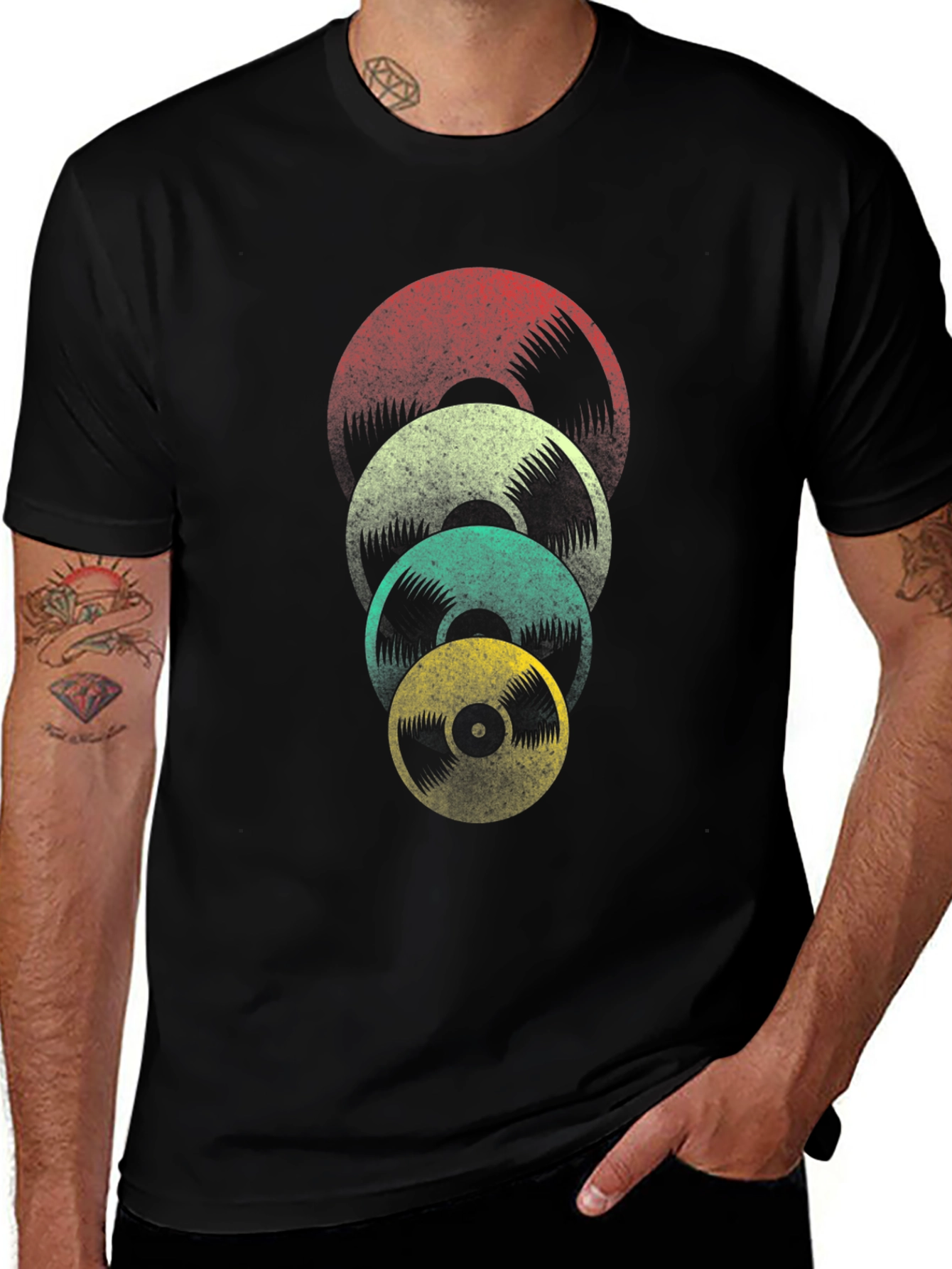 Retro Vinyl Record Stack Graphic Tee - Black