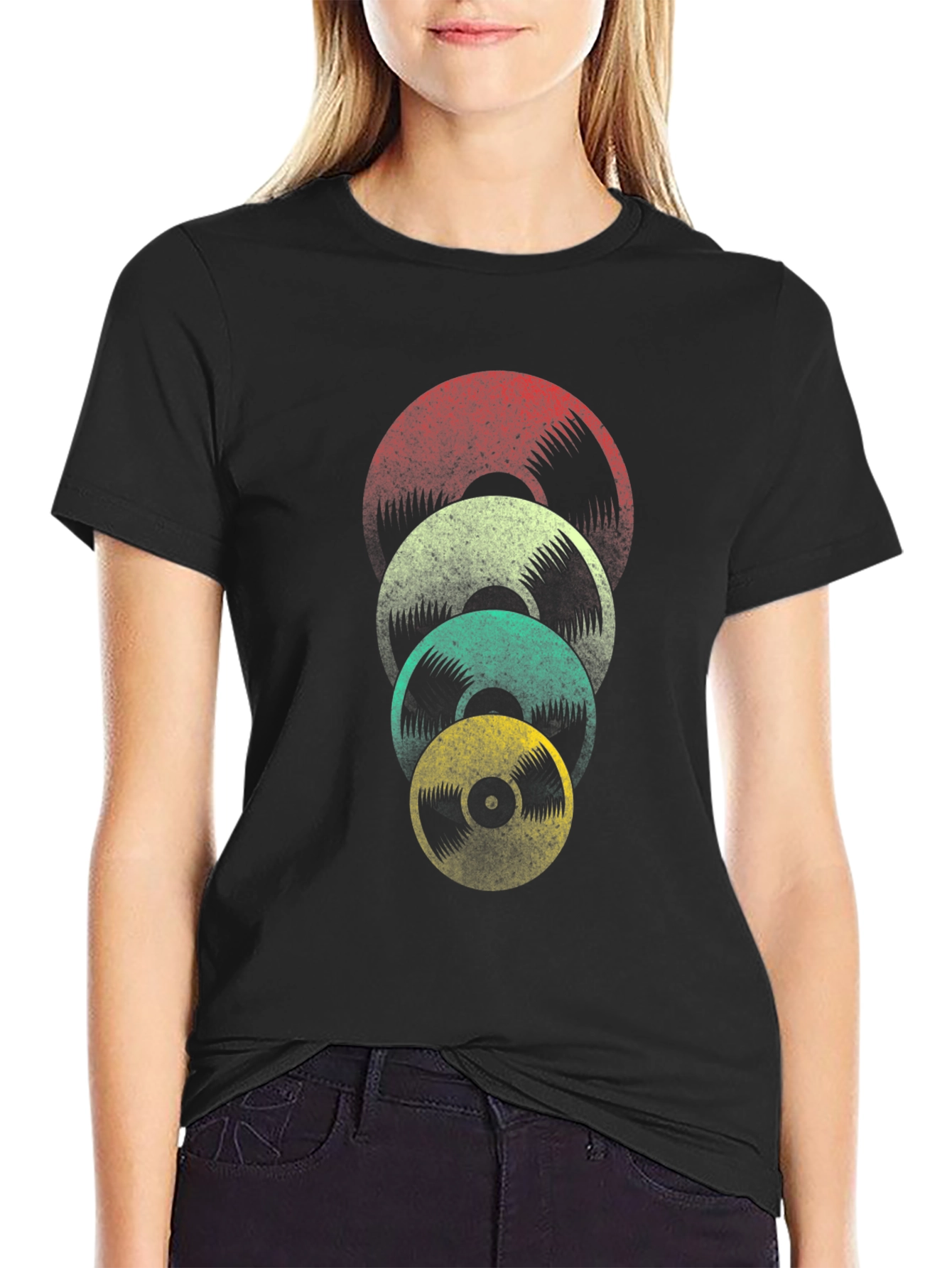 Retro Vinyl Record Stack Graphic Tee - Black