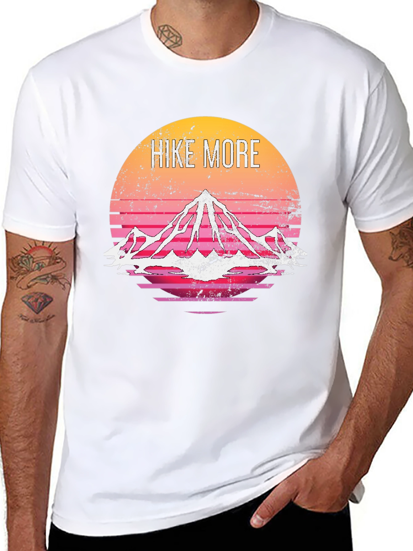 Hike More Graphic Tee - Retro Mountain Sunset Design