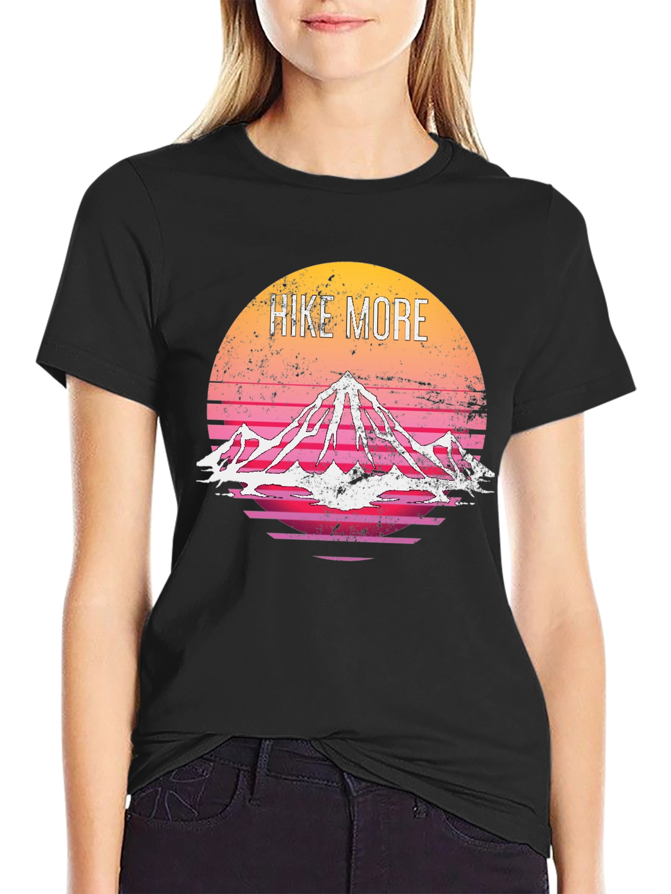 Hike More Graphic Tee - Retro Mountain Sunset Design