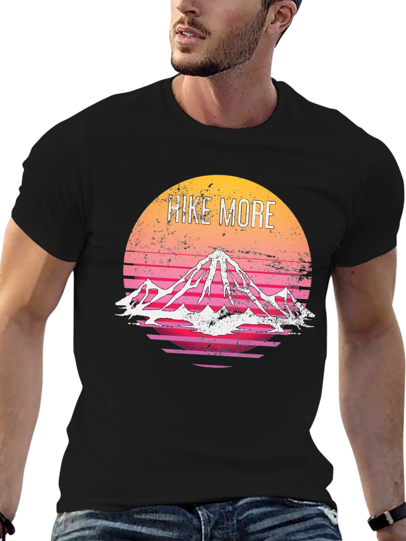 Hike More Graphic Tee - Retro Mountain Sunset Design