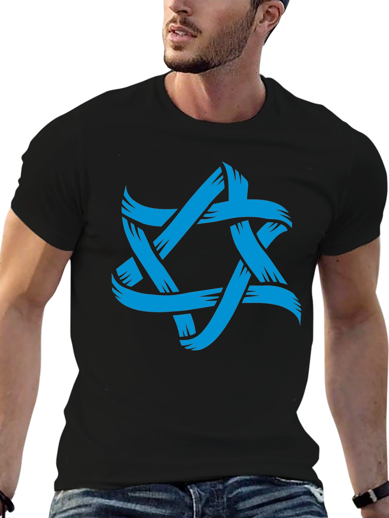 Mens Black T-Shirt with Blue Star Graphic