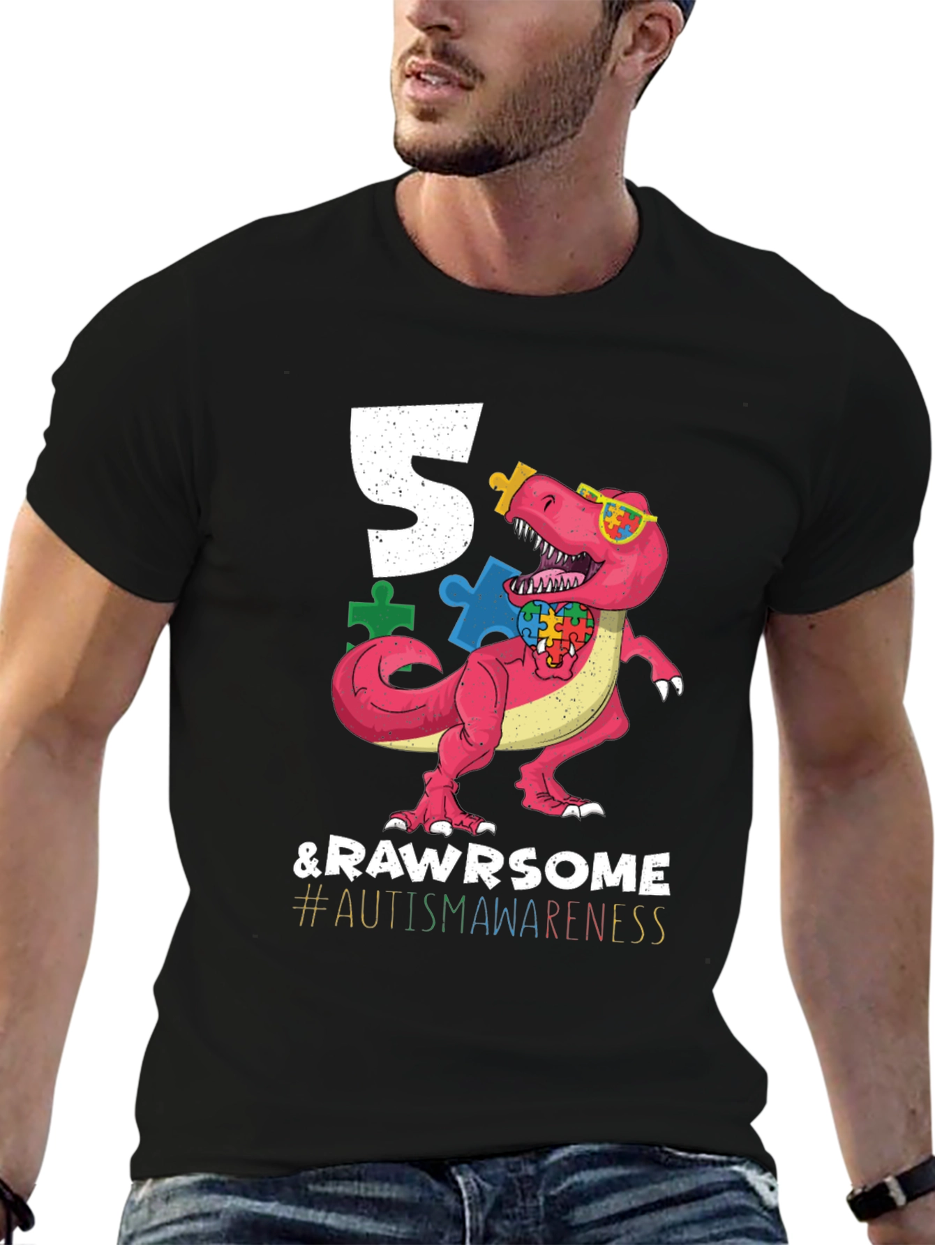 5 & RAWR Some Autism Awareness Dinosaur T-Shirt