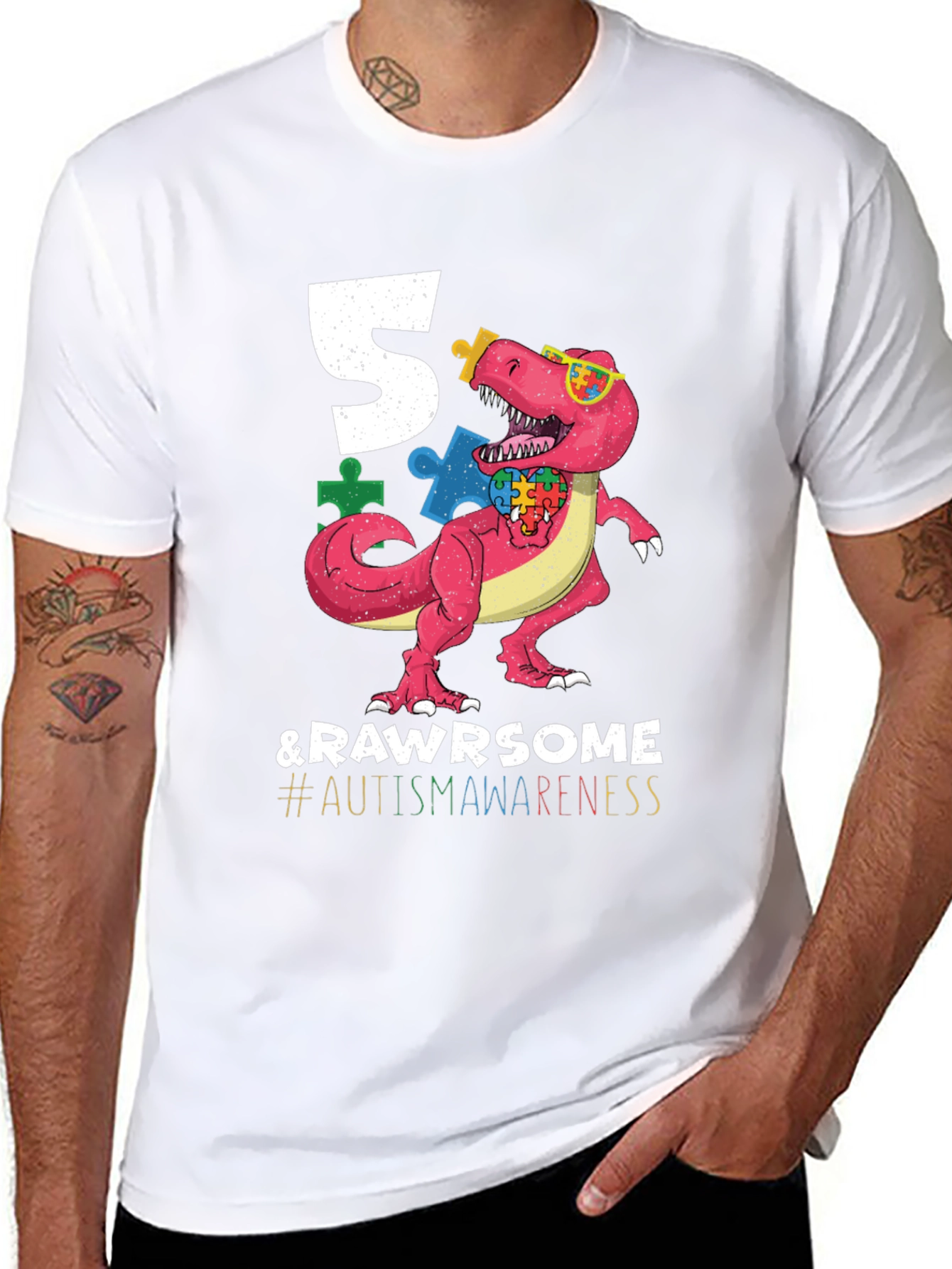 5 & RAWR Some Autism Awareness Dinosaur T-Shirt