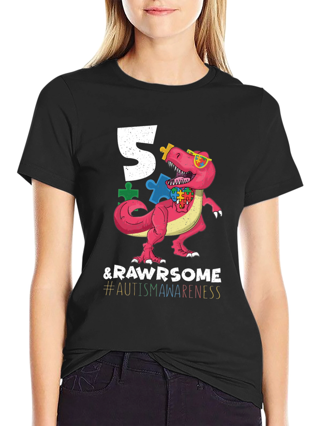 5 & RAWR Some Autism Awareness Dinosaur T-Shirt