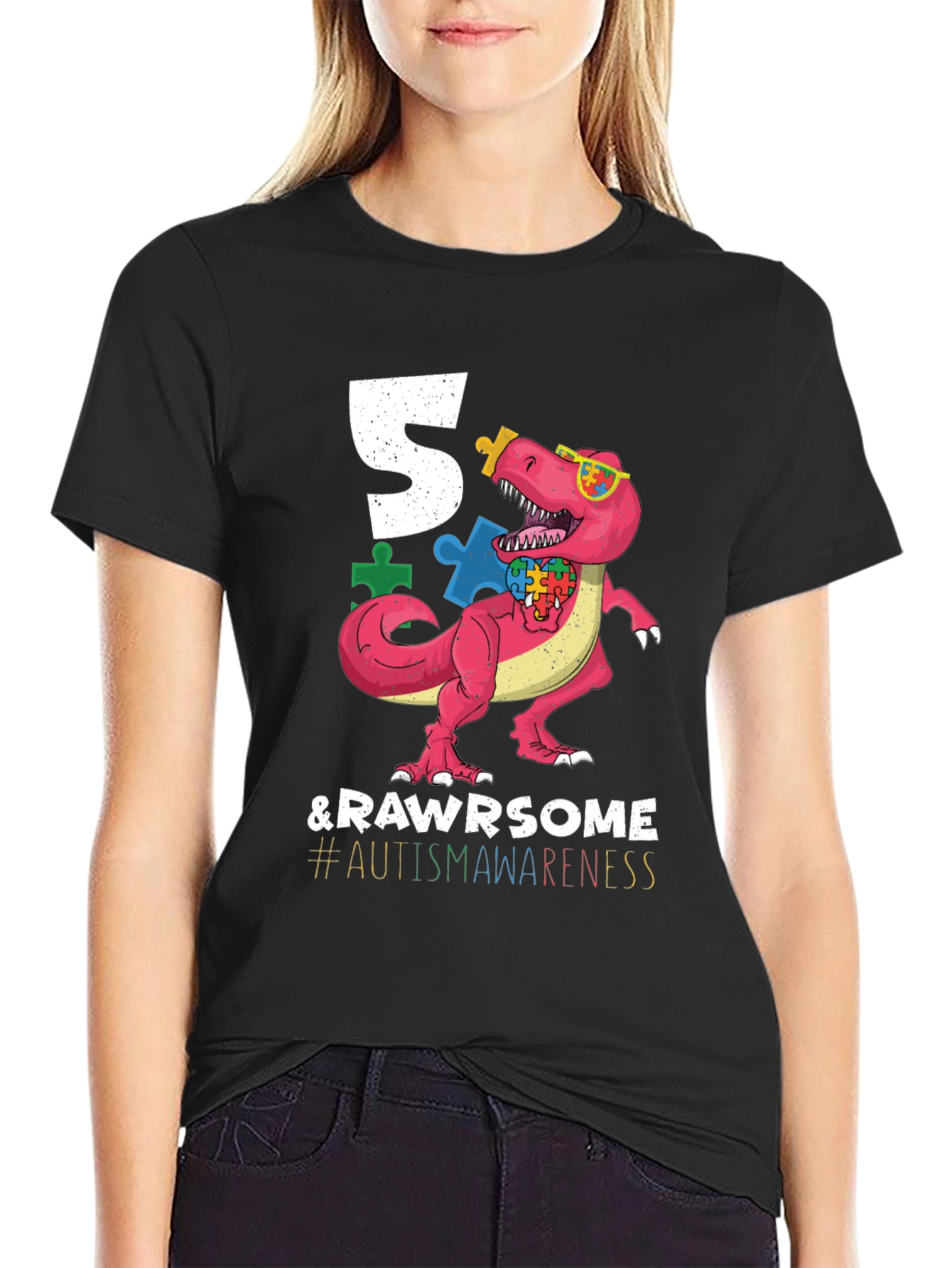 5 & RAWR Some Autism Awareness Dinosaur T-Shirt