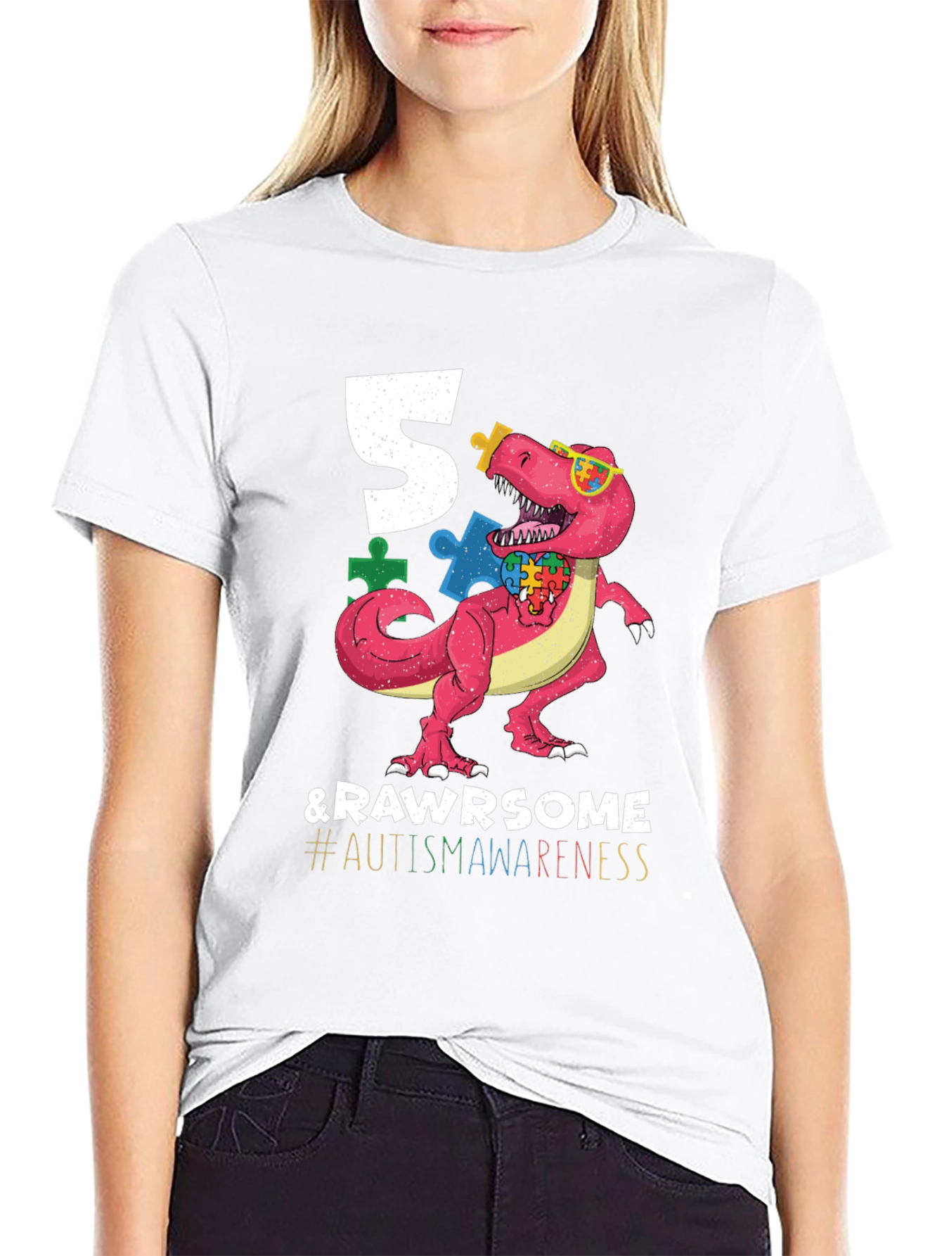 5 & RAWR Some Autism Awareness Dinosaur T-Shirt