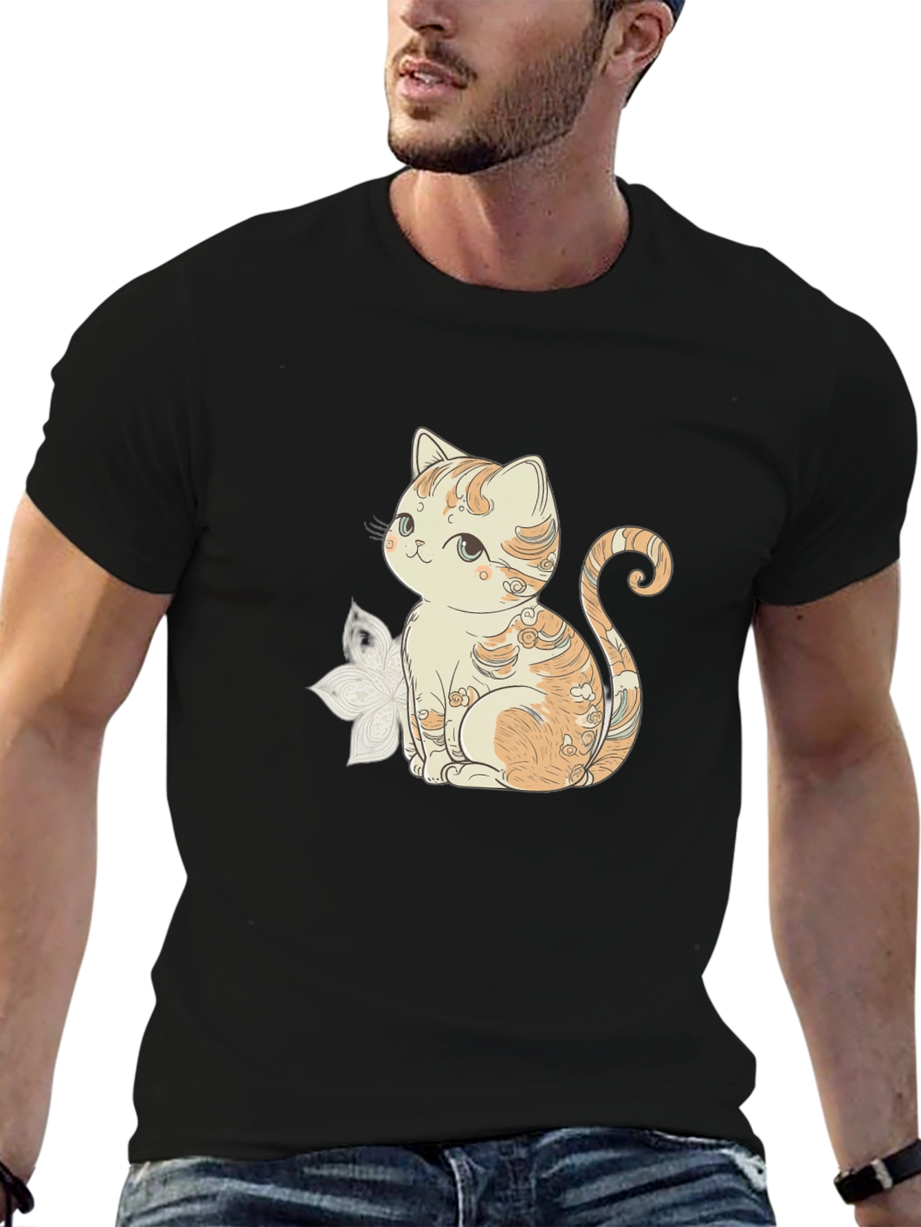 Cute Cat Graphic Black T-Shirt
