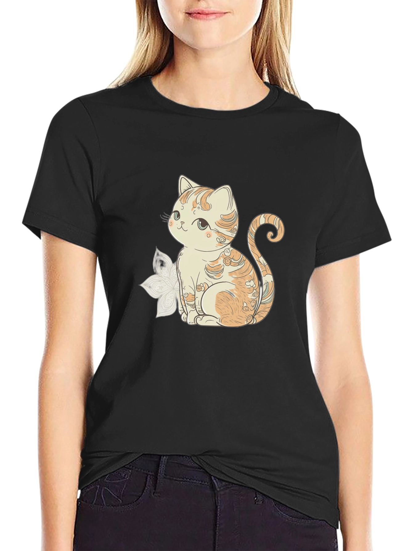 Cute Cat Graphic Black T-Shirt