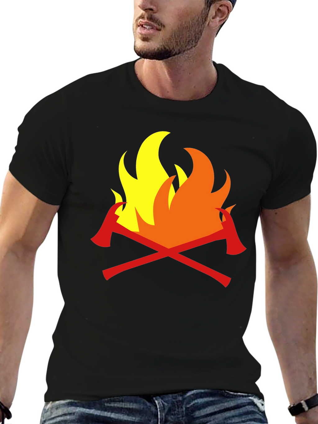 Firefighter Axes Flames Graphic Tee - Black Cotton