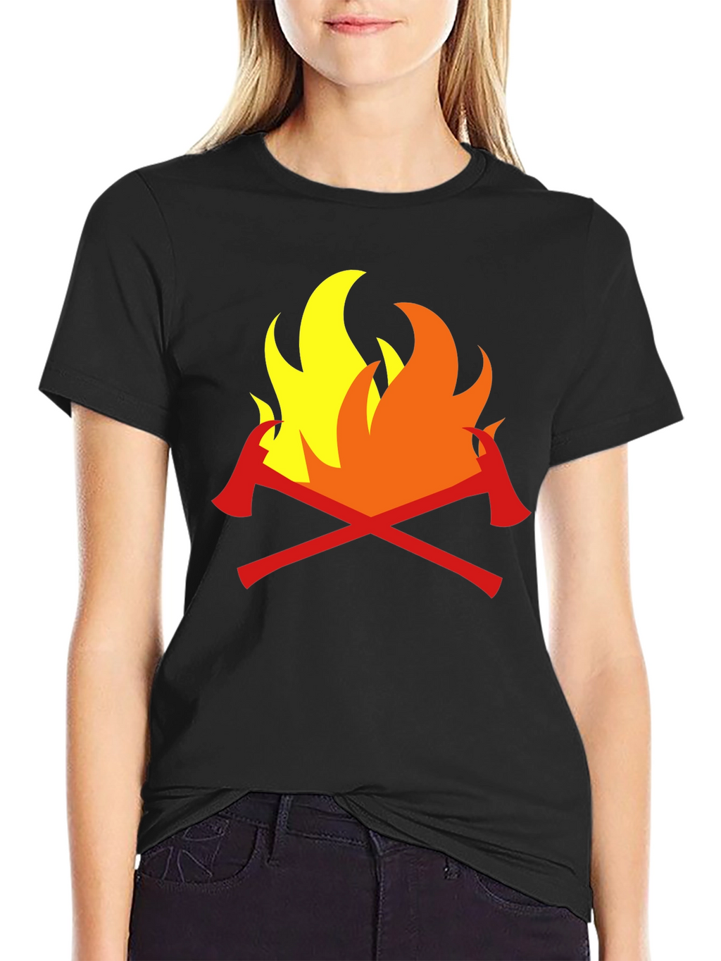 Firefighter Axes Flames Graphic Tee - Black Cotton