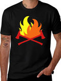 Firefighter Axes Flames Graphic Tee - Black Cotton
