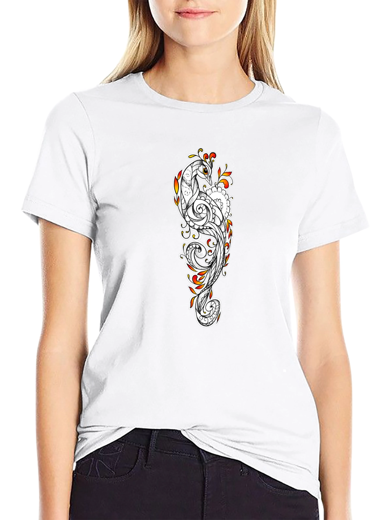 Peacock Print Black T-Shirt