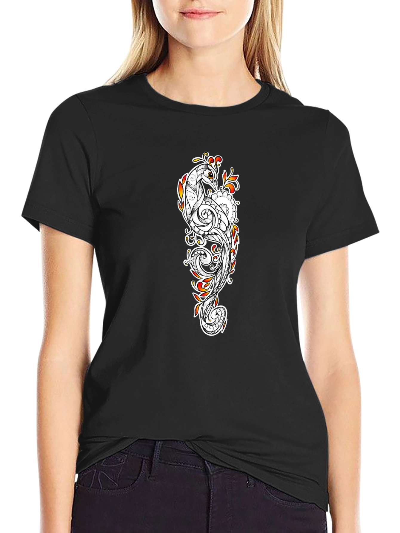 Peacock Print Black T-Shirt