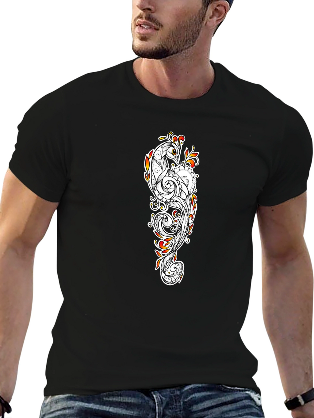 Peacock Print Black T-Shirt