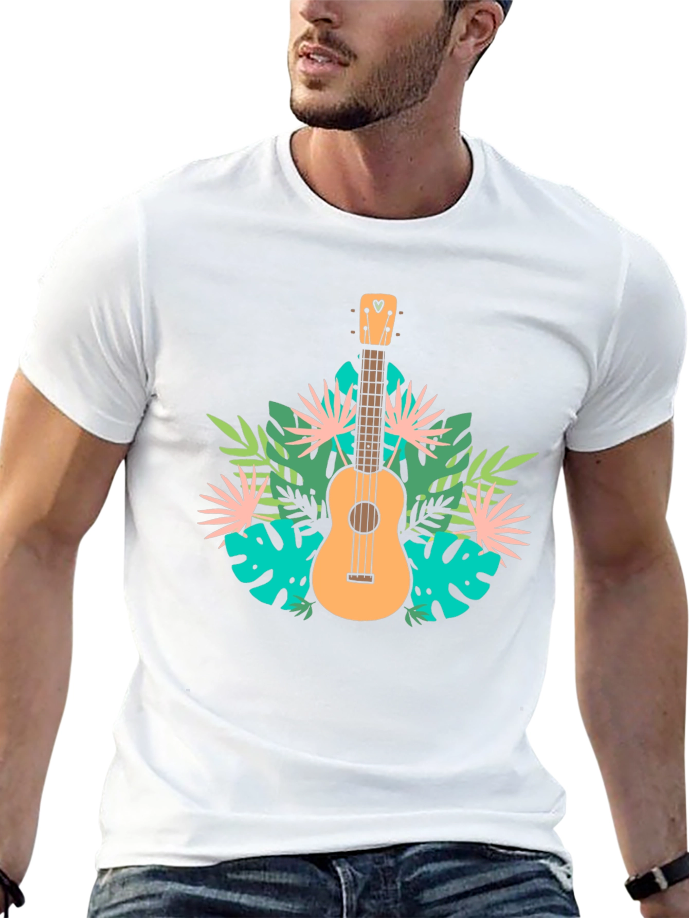 Tropical Ukulele Graphic Tee - Black Casual T-Shirt