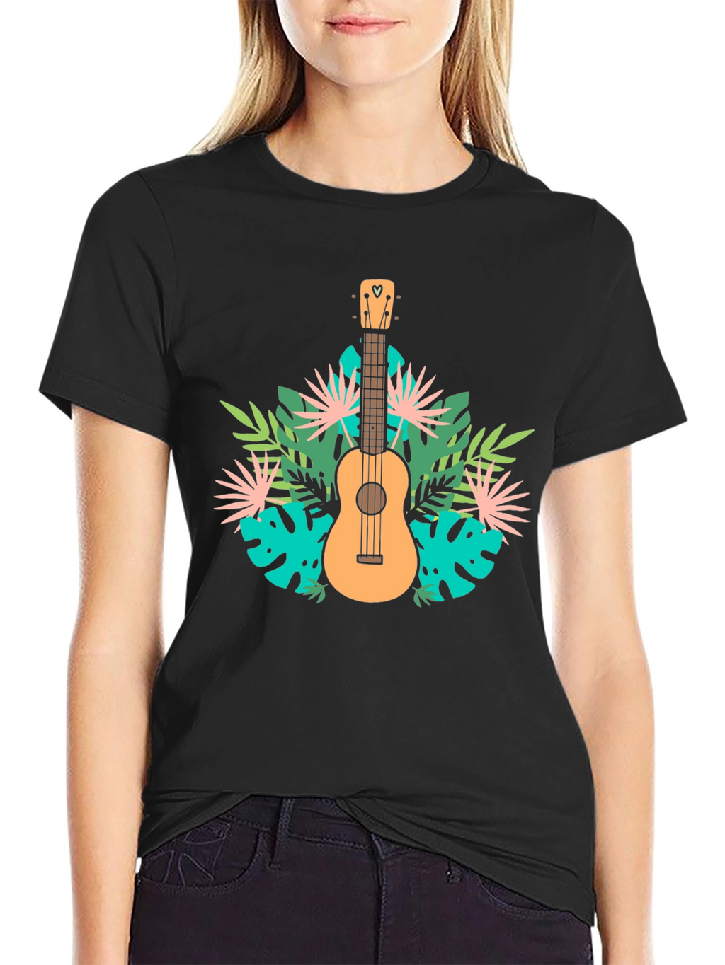 Tropical Ukulele Graphic Tee - Black Casual T-Shirt