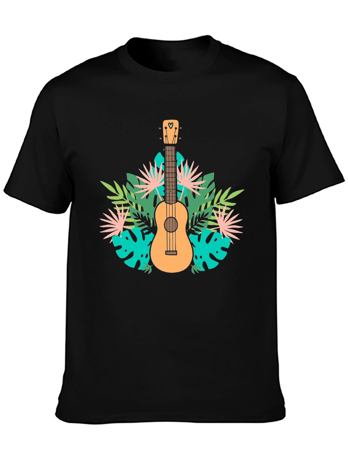 Tropical Ukulele Graphic Tee - Black Casual T-Shirt
