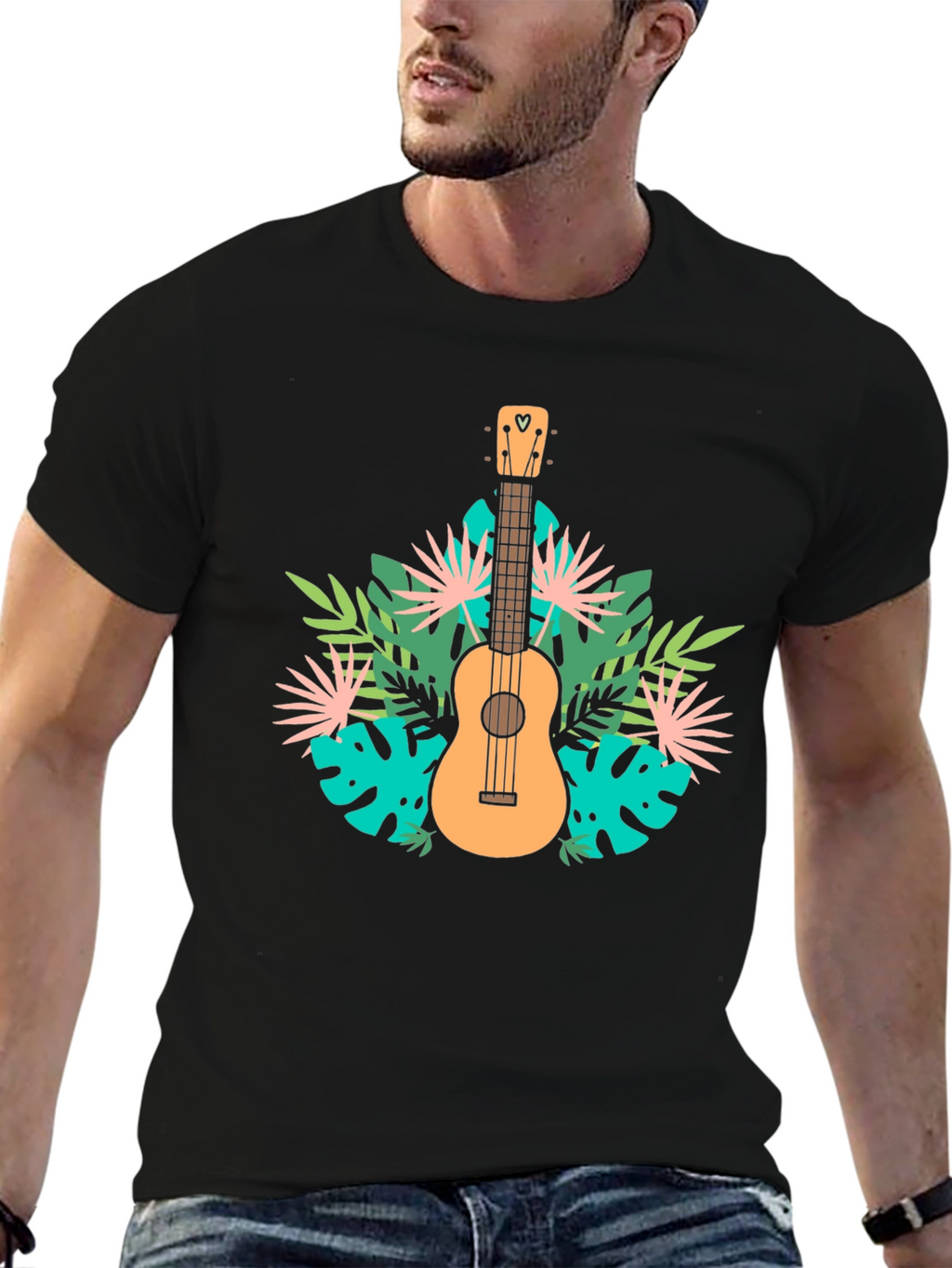 Tropical Ukulele Graphic Tee - Black Casual T-Shirt