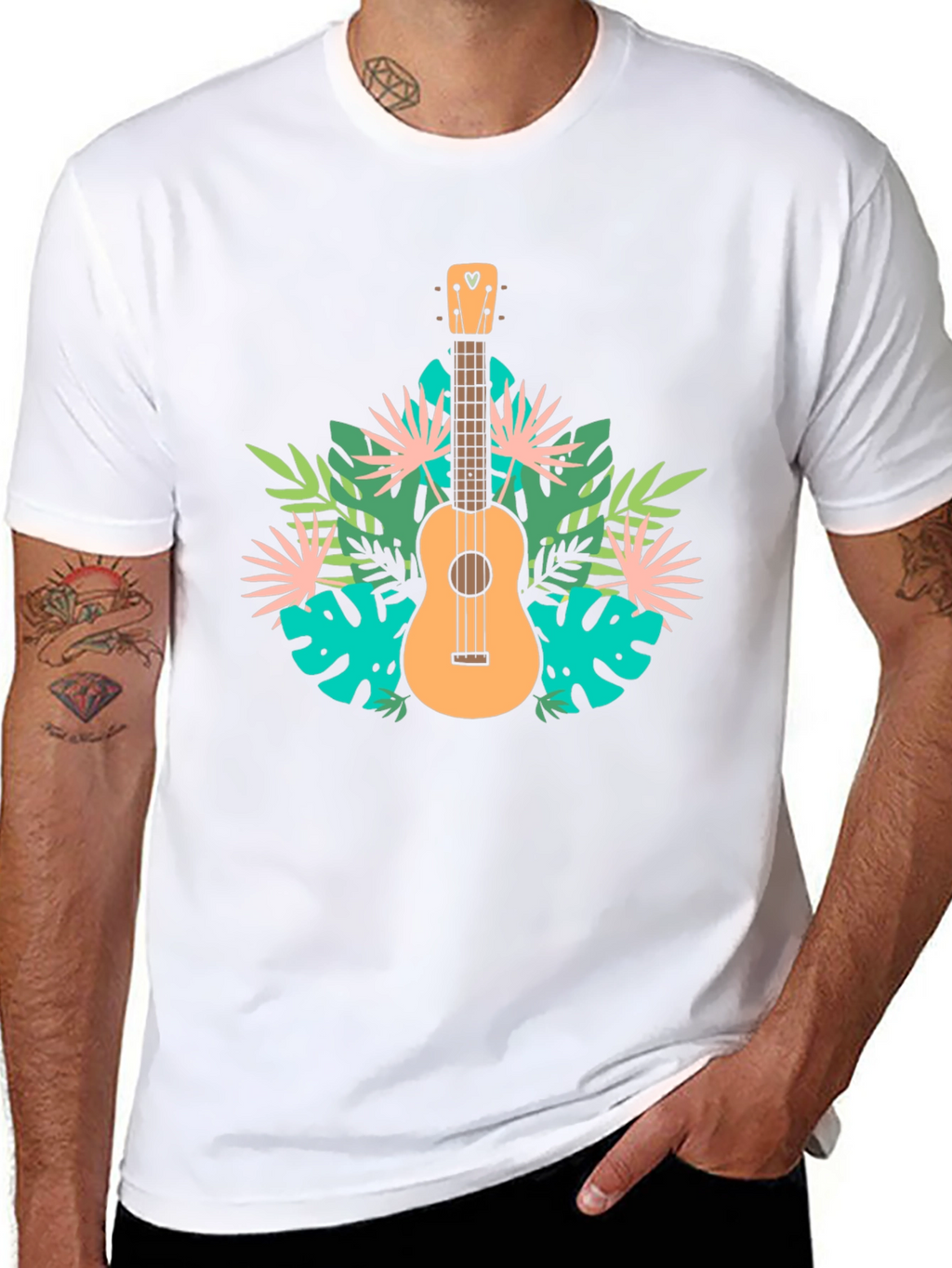 Tropical Ukulele Graphic Tee - Black Casual T-Shirt